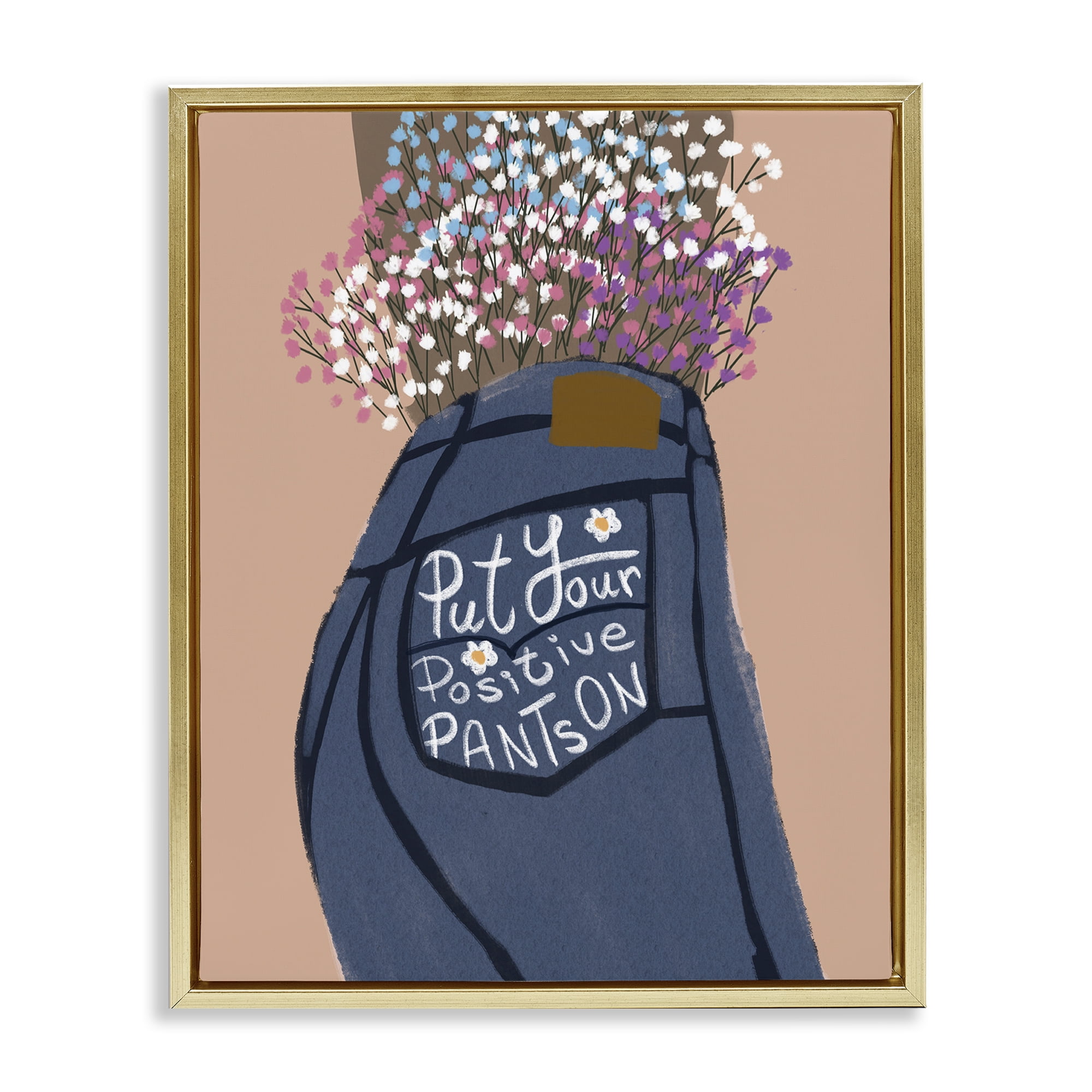 Stupell Industries Floral Positive Pants Novelty Painting Gold Floater Framed Art Print Wall Art, 25 x 31