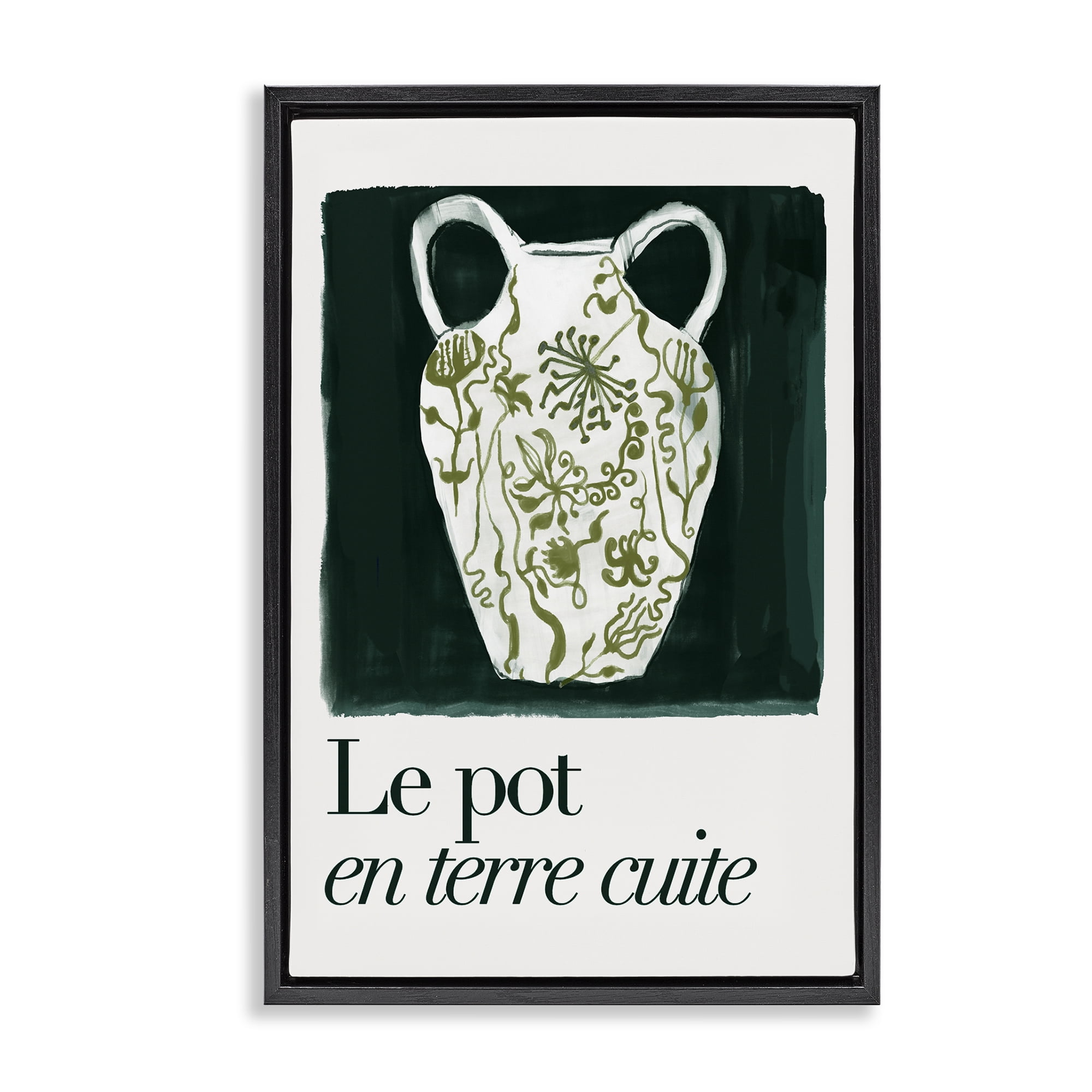 Stupell Industries Floral Pot Vase History & Language Painting Black Floater Framed Canvas Art Print Wall Art, 21 x 31