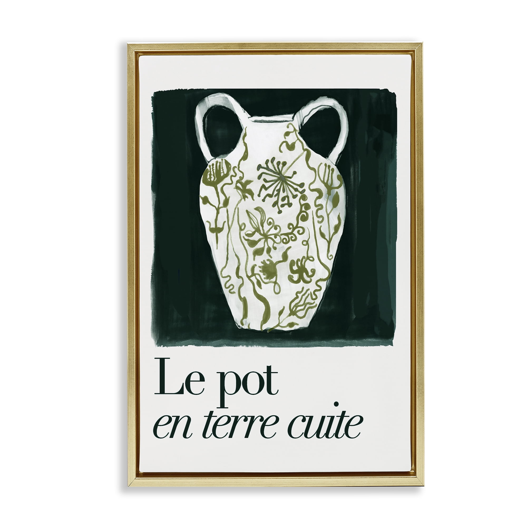 Stupell Industries Floral Pot Vase History & Language Painting Gold Floater Framed Canvas Art Print Wall Art, 21 x 31
