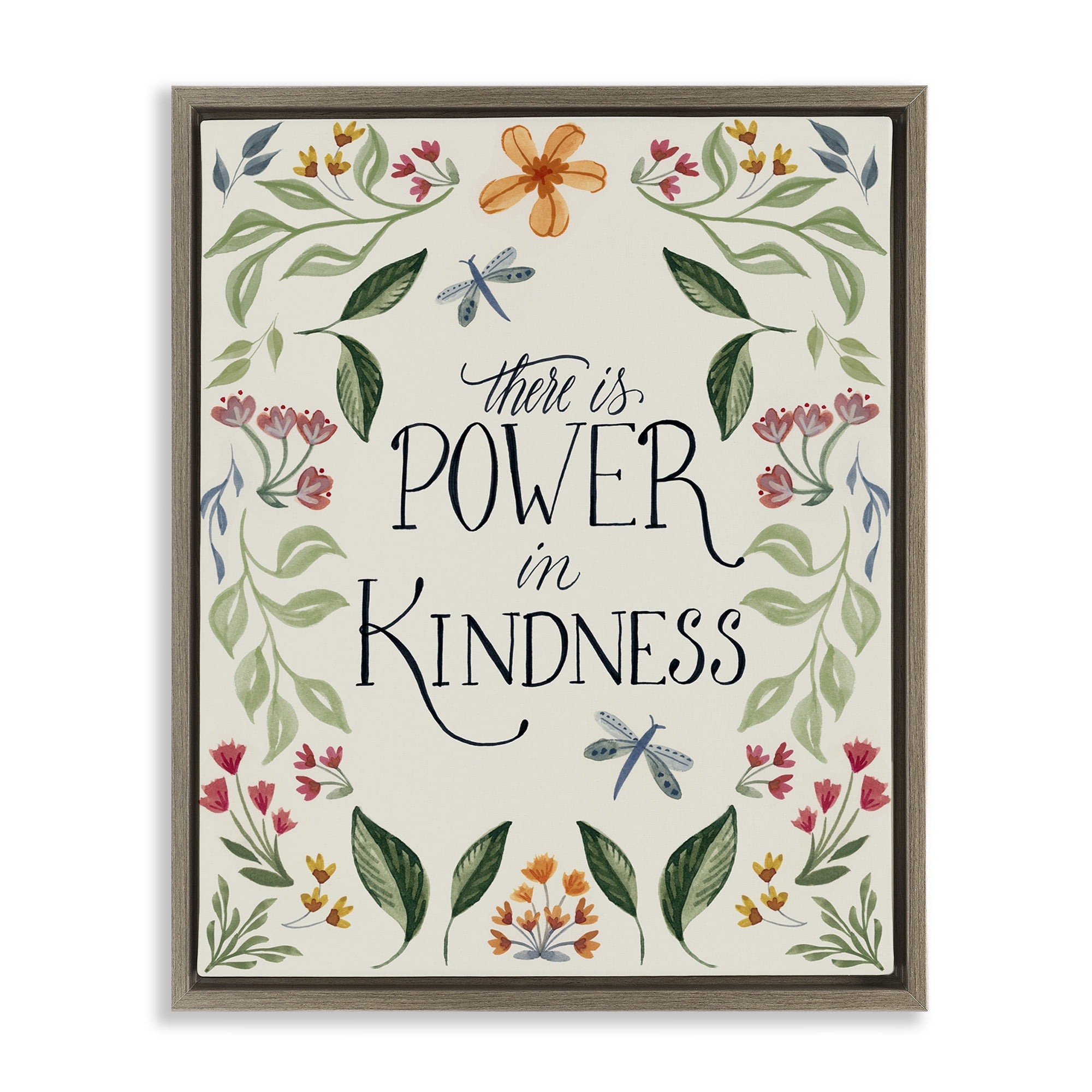 Stupell Industries Floral Power in Kindness Botanical & Floral Painting Brown Floater Framed Canvas Art Print Wall Art, 17 x 21