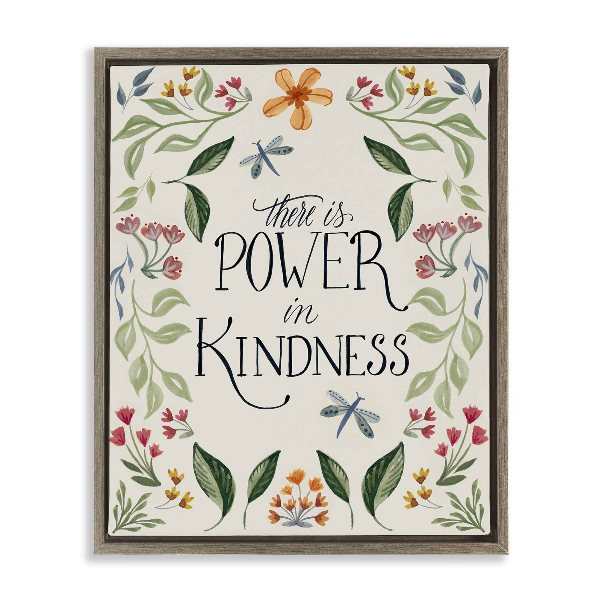 Stupell Industries Floral Power in Kindness Botanical & Floral Painting Brown Floater Framed Canvas Art Print Wall Art, 25 x 31