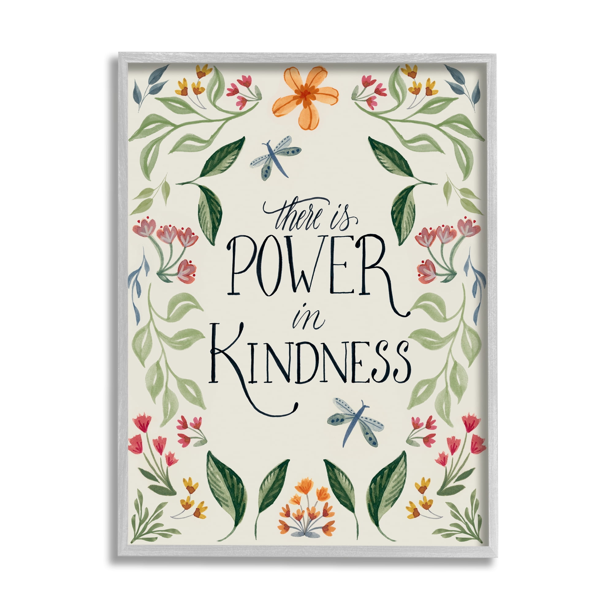 Stupell Industries Floral Power in Kindness Botanical & Floral Painting Gray Framed Art Print Wall Art, 11 x 14