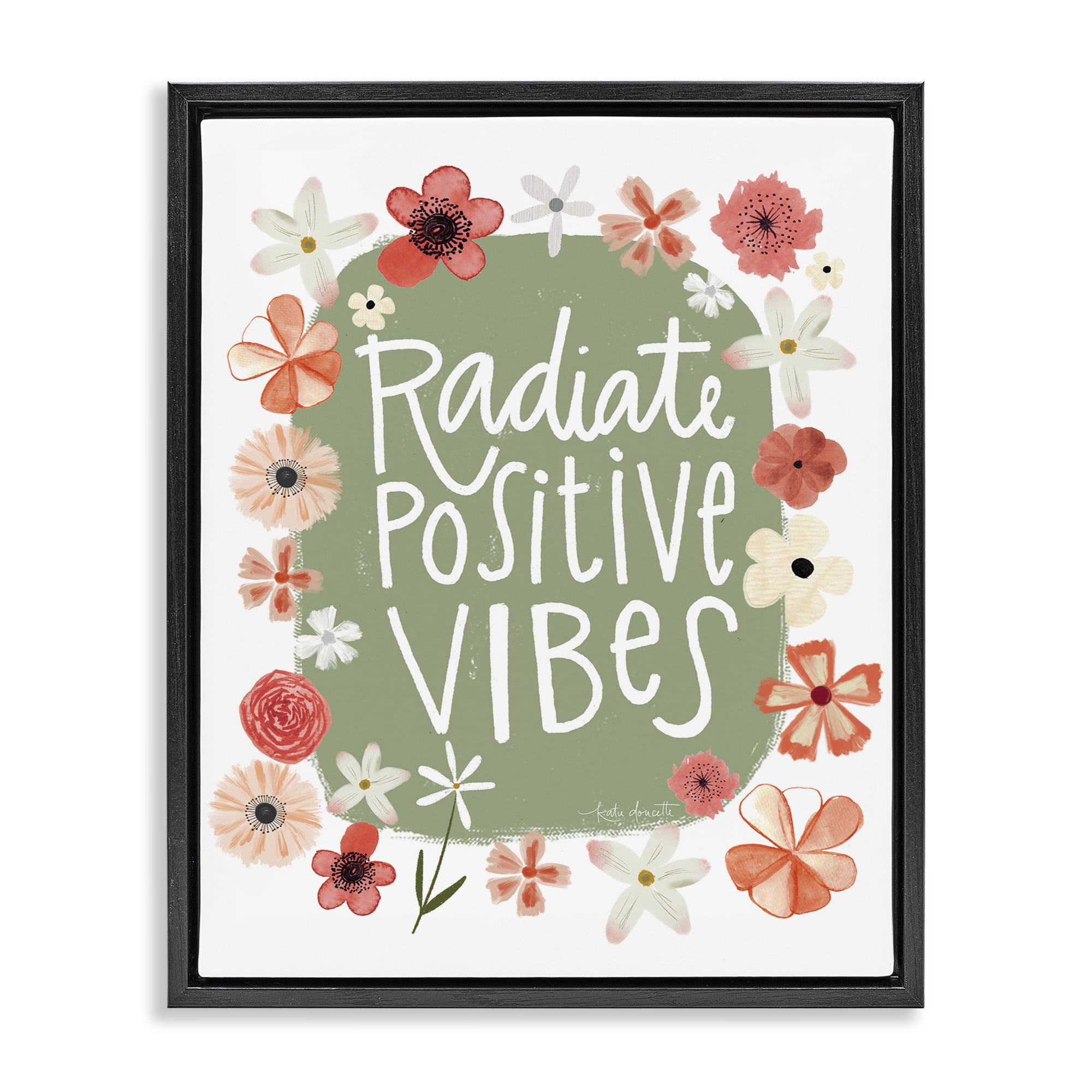 Stupell Industries Floral Radiate Positive Vibes Black Framed Floater Canvas Wall Art, design by Katie Doucette
