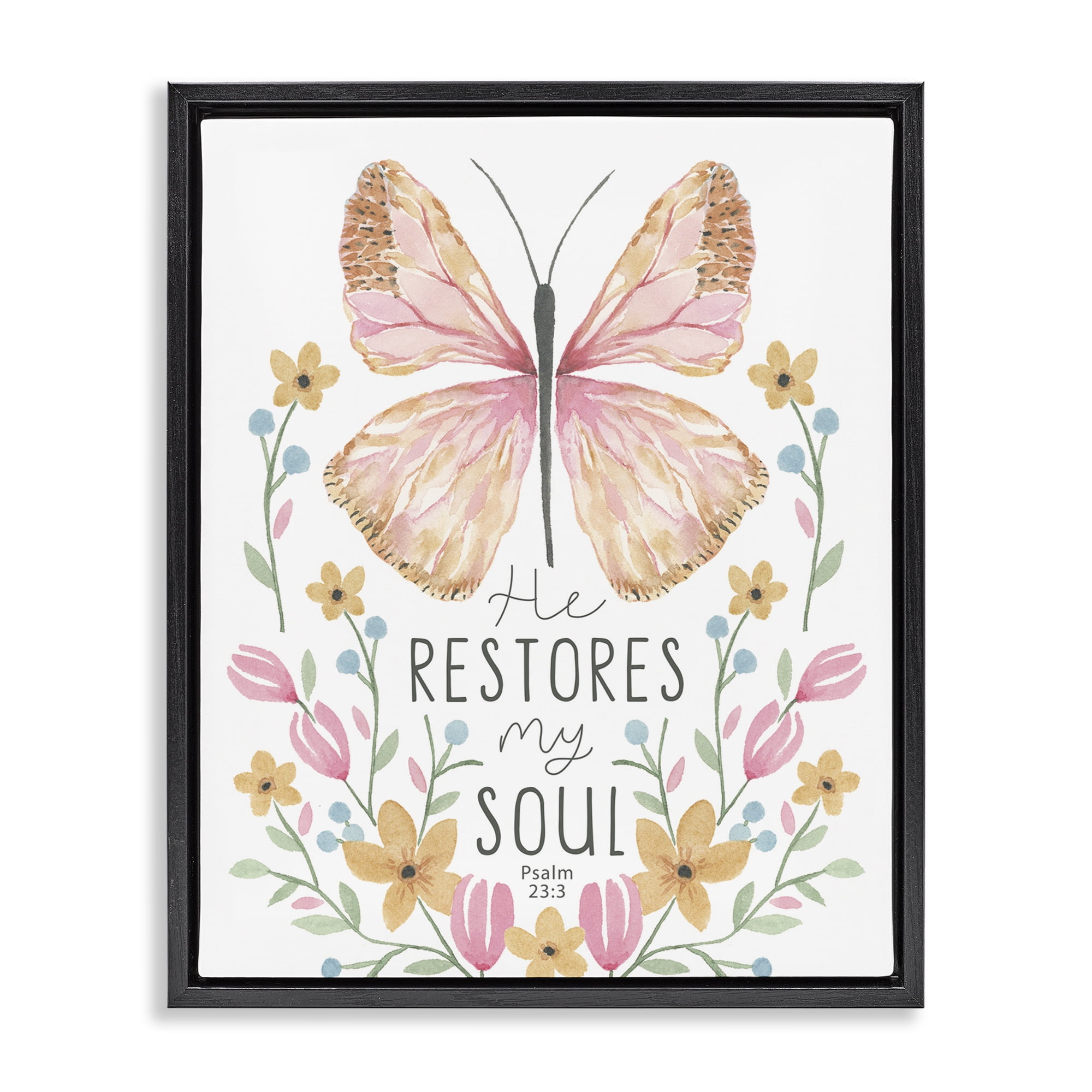 Stupell Industries Floral Restores My Soul Religious Painting Black Floater Framed Art Print Wall Art, 25 x 31