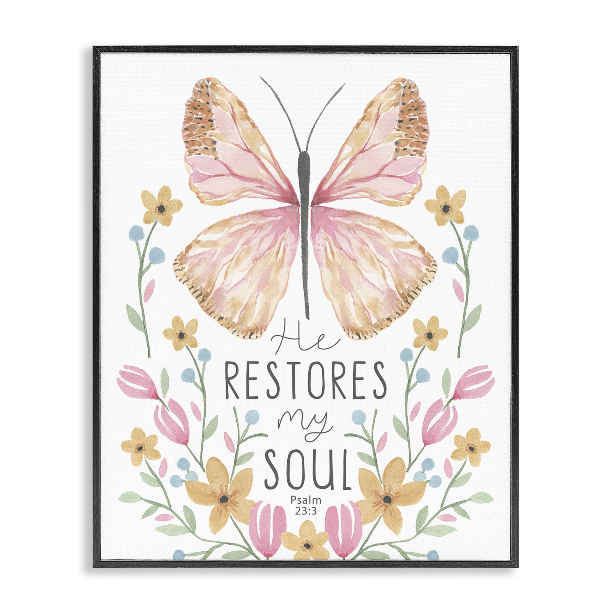 Stupell Industries Floral Restores My Soul Religious Painting Black Framed Art Print Wall Art, 11 x 14