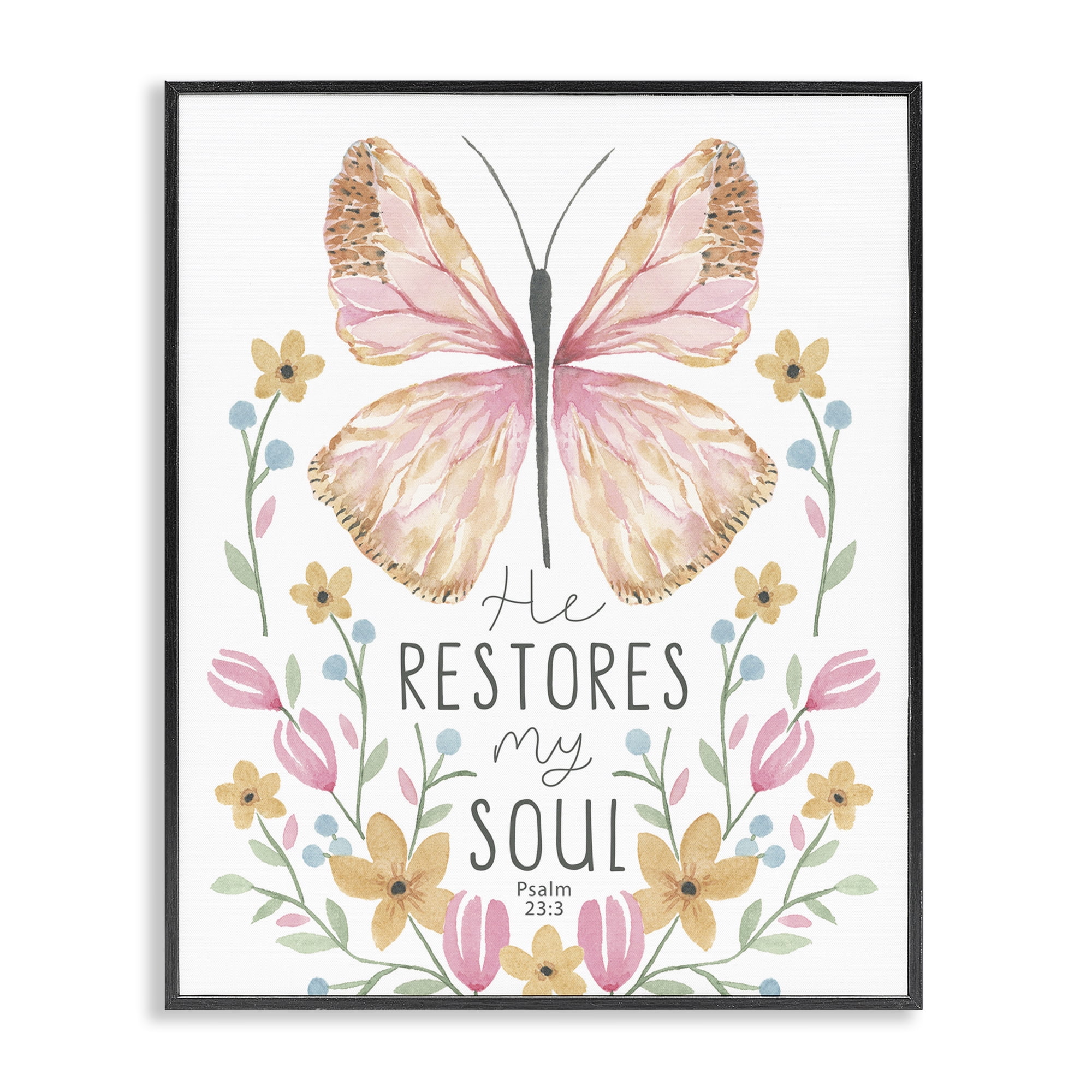 Stupell Industries Floral Restores My Soul Religious Painting Black Framed Art Print Wall Art, 16 x 20