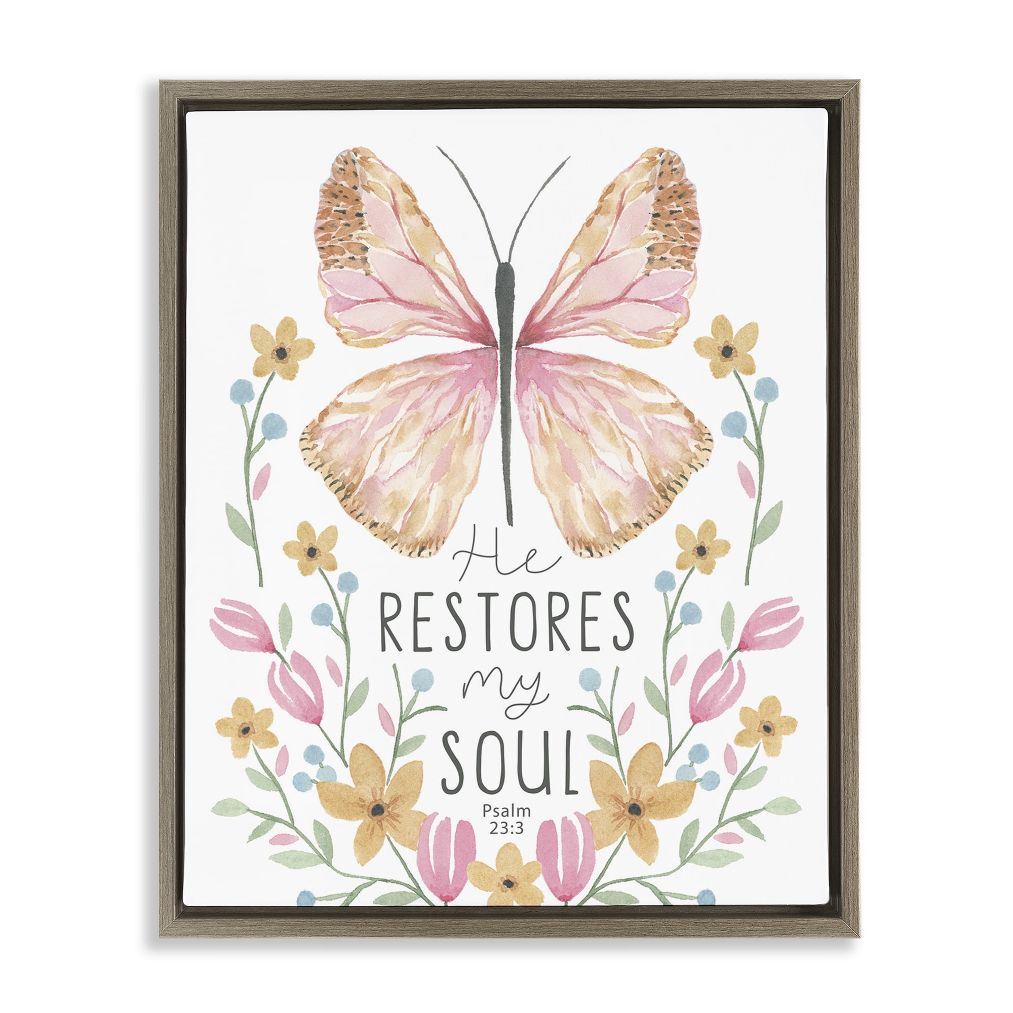 Stupell Industries Floral Restores My Soul Religious Painting Brown Floater Framed Art Print Wall Art, 25 x 31