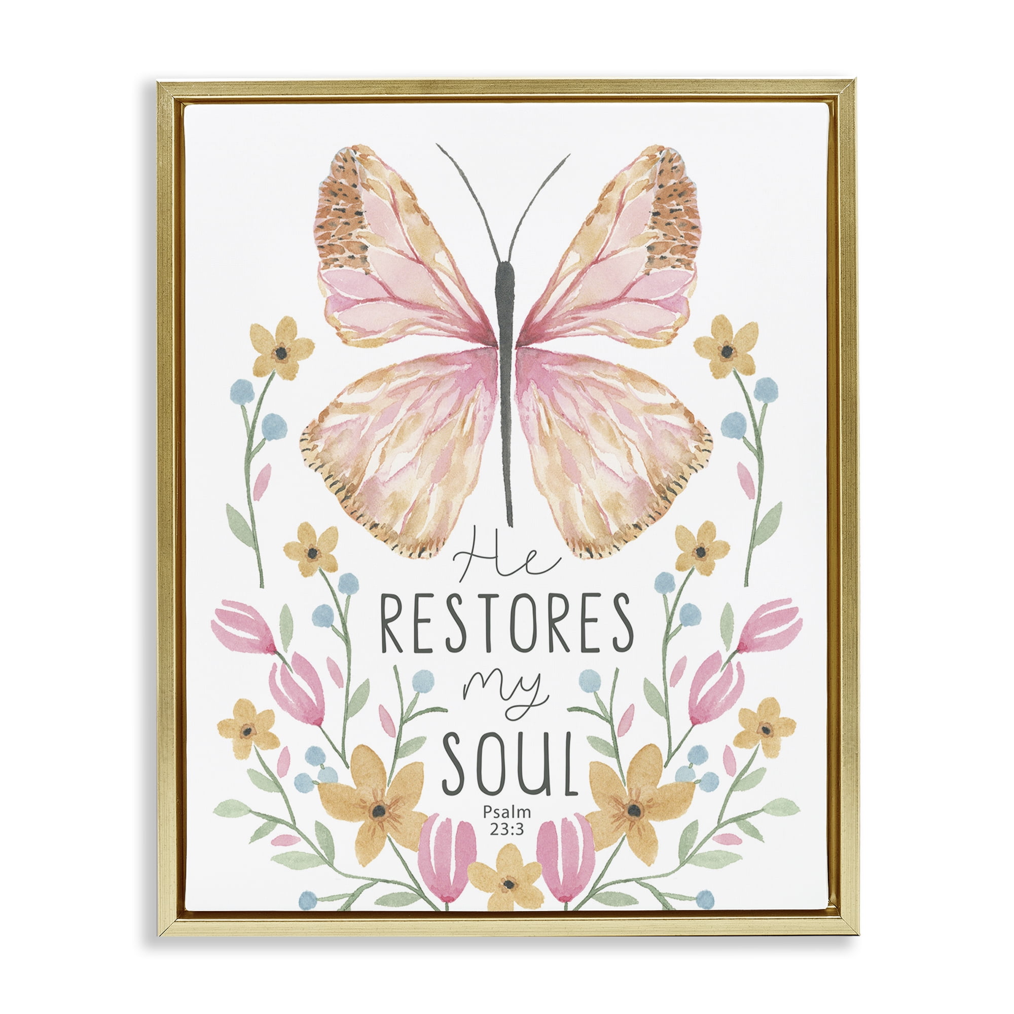 Stupell Industries Floral Restores My Soul Religious Painting Gold Floater Framed Art Print Wall Art, 25 x 31