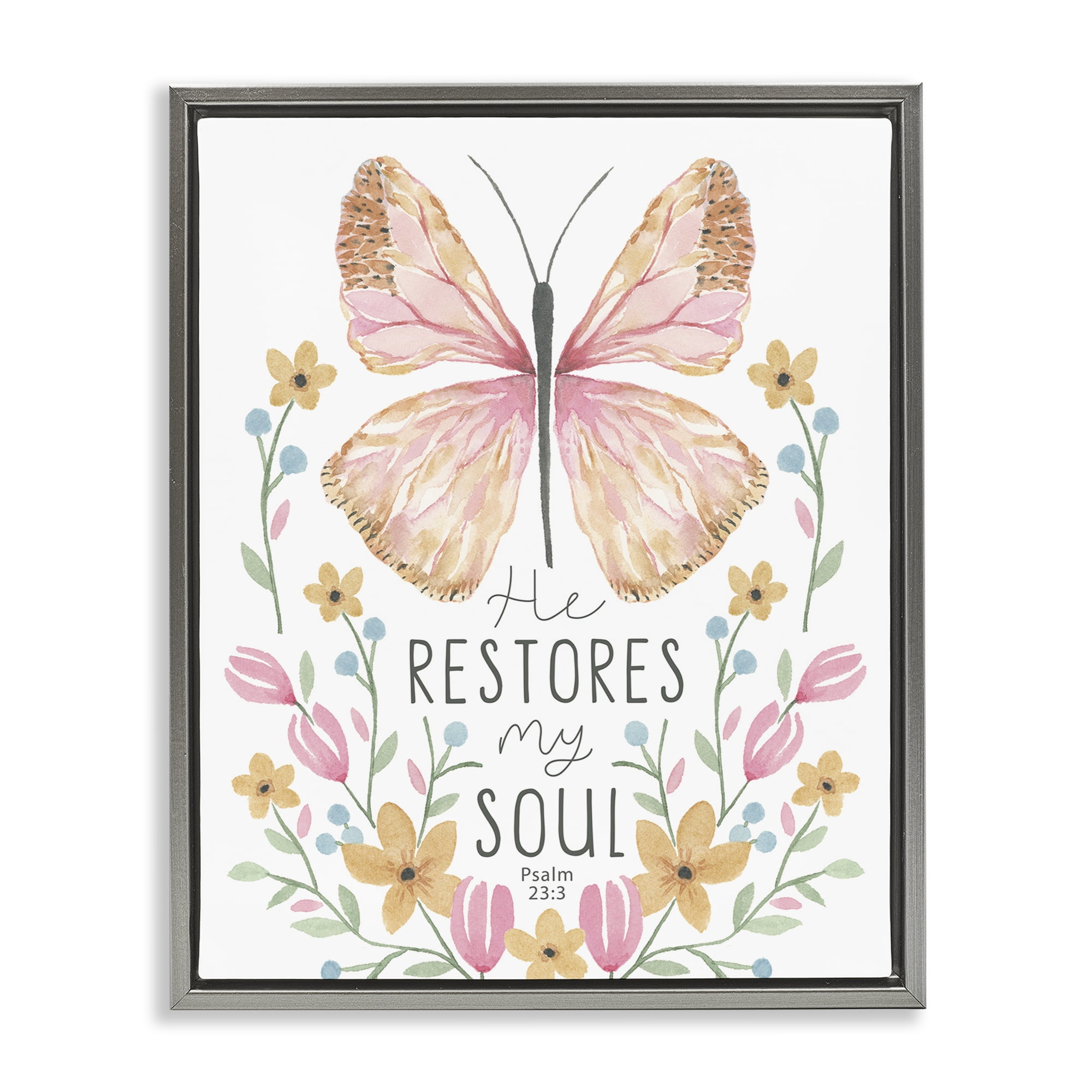 Stupell Industries Floral Restores My Soul Religious Painting Gray Floater Framed Art Print Wall Art, 25 x 31