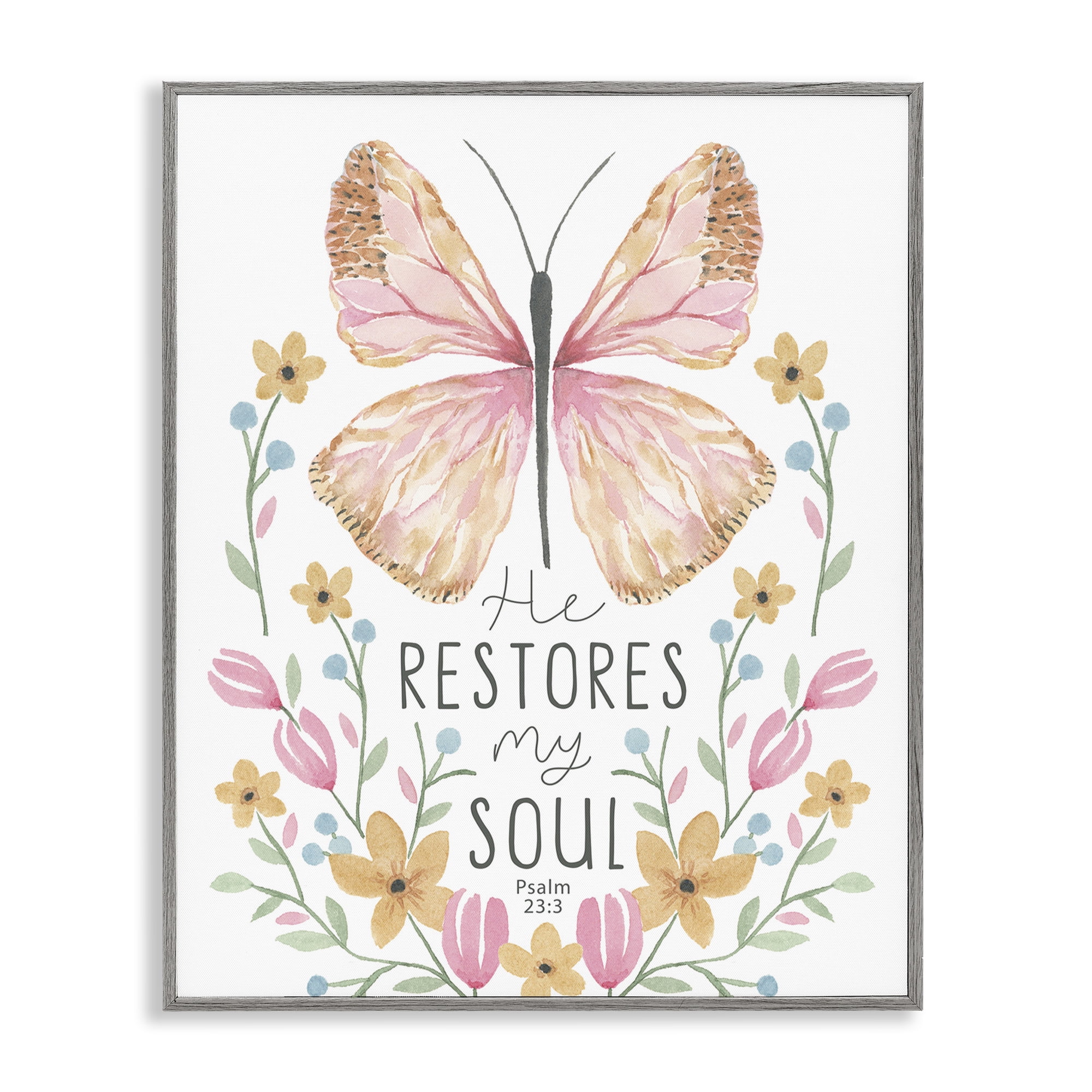 Stupell Industries Floral Restores My Soul Religious Painting Gray Framed Art Print Wall Art, 16 x 20