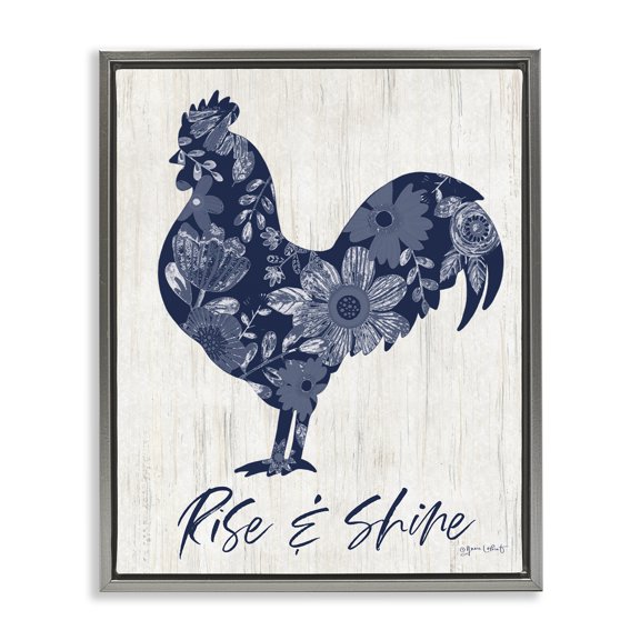 Stupell Industries Floral Rise &Shine Rooster Gray Framed Floater Canvas Wall Art design by Annie LaPoint, 31 x 25