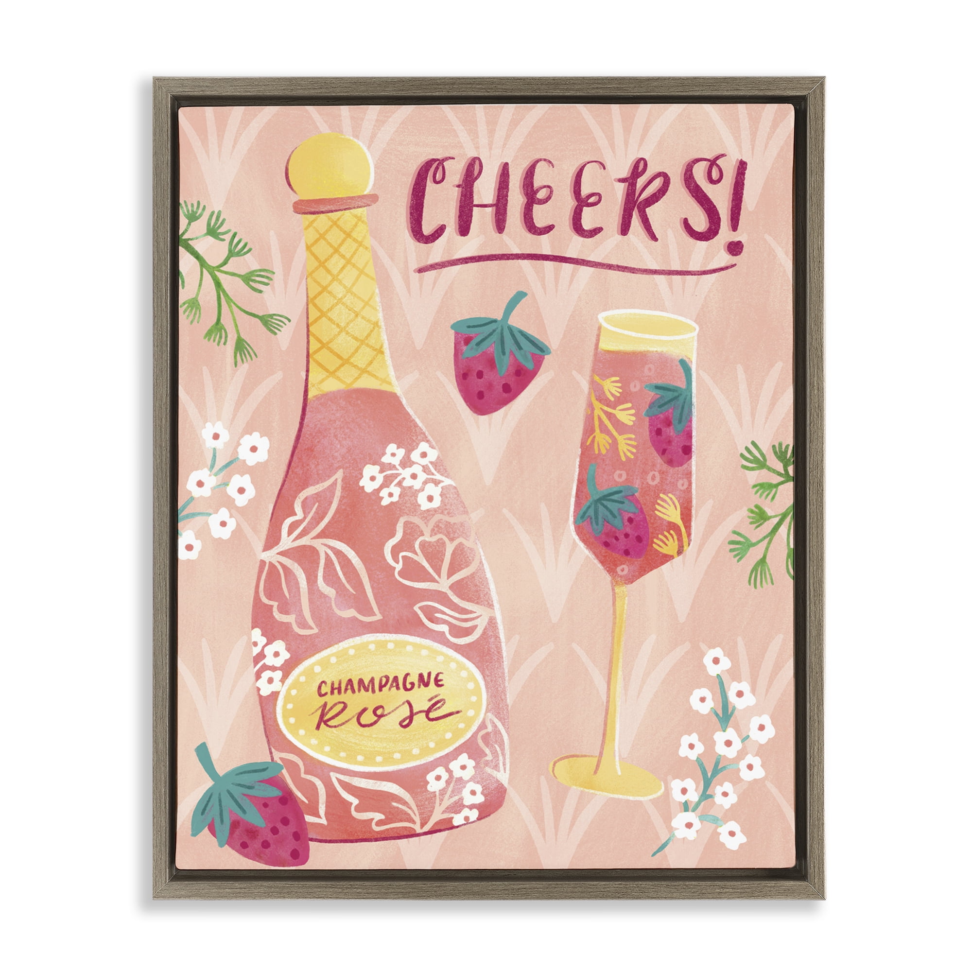 Stupell Industries Floral Rose Champagne Food & Beverage Painting Brown Floater Framed Canvas Art Print Wall Art, 17 x 21