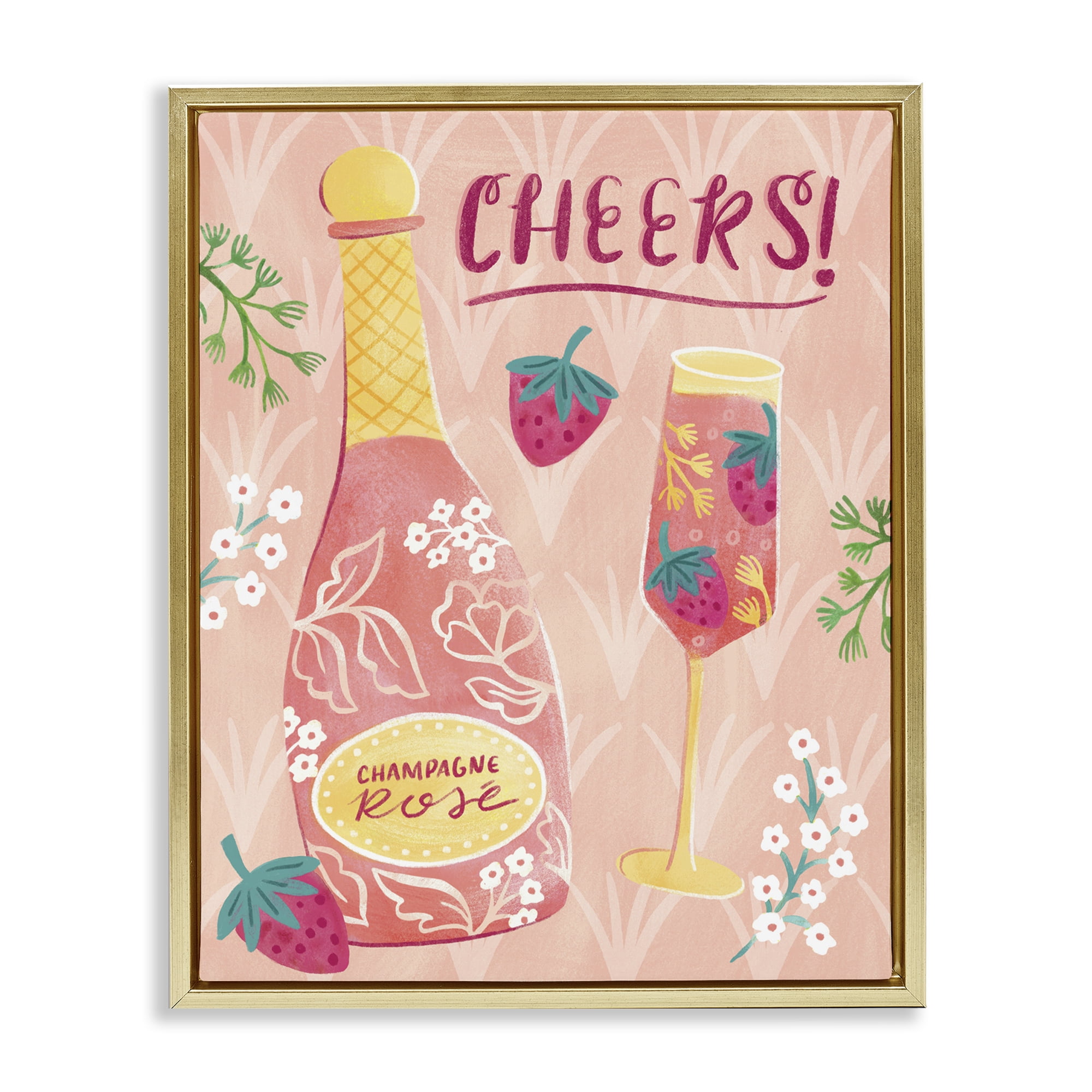Stupell Industries Floral Rose Champagne Food & Beverage Painting Gold Floater Framed Canvas Art Print Wall Art, 17 x 21