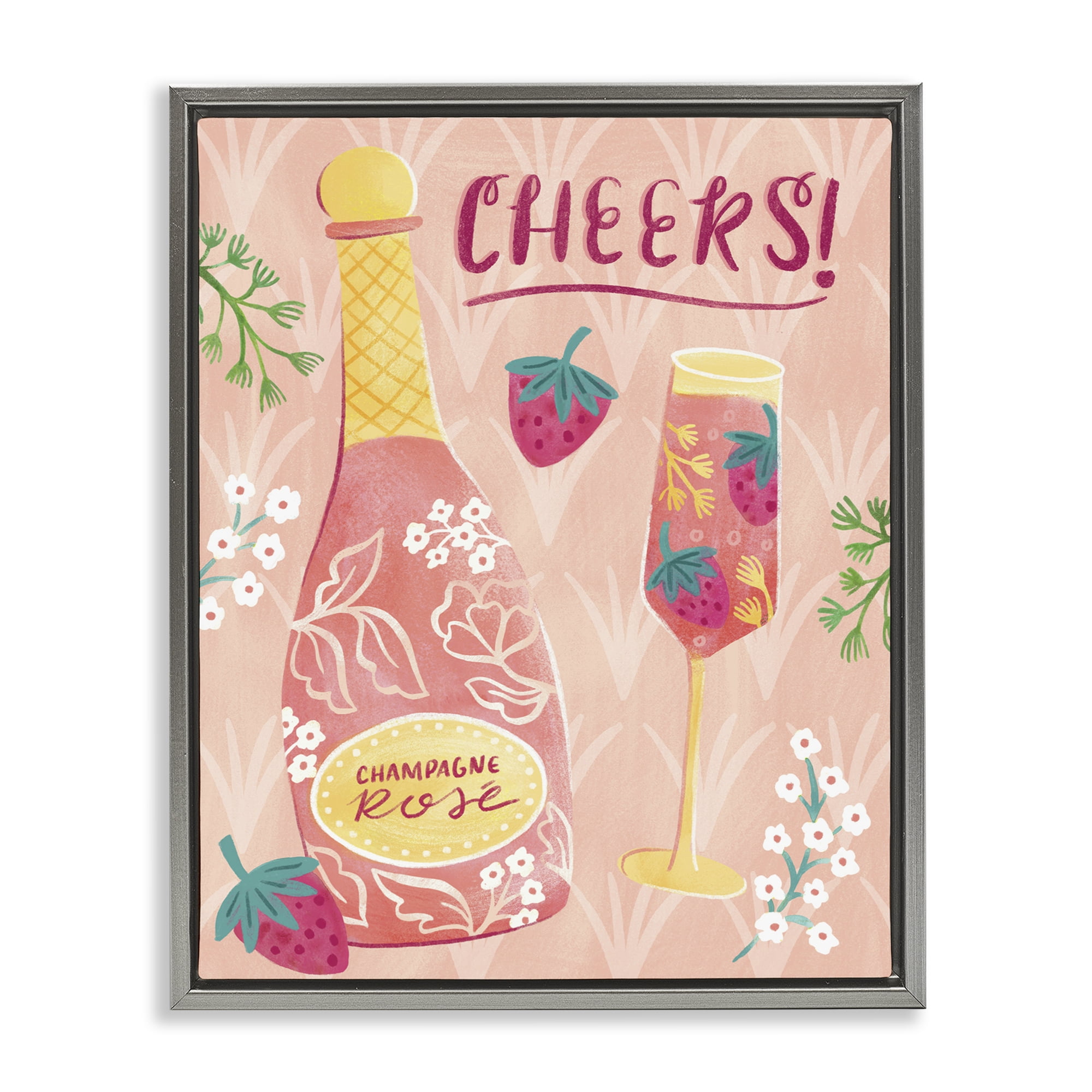 Stupell Industries Floral Rose Champagne Food & Beverage Painting Gray Floater Framed Canvas Art Print Wall Art, 17 x 21