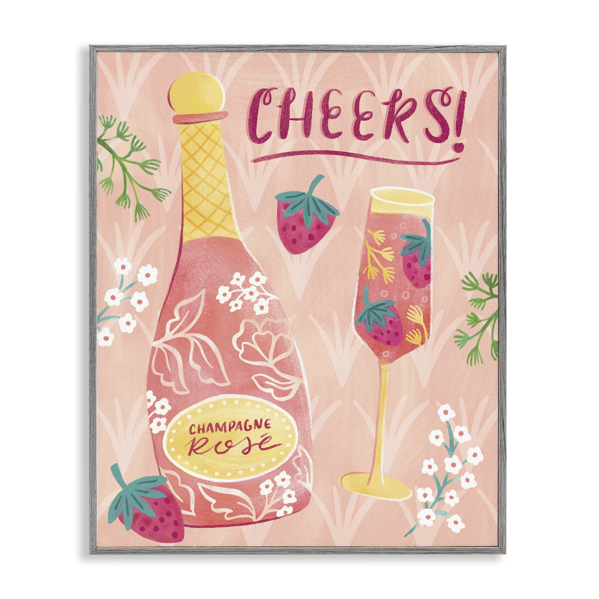 Stupell Industries Floral Rose Champagne Food & Beverage Painting Gray Framed Art Print Wall Art, 16 x 20