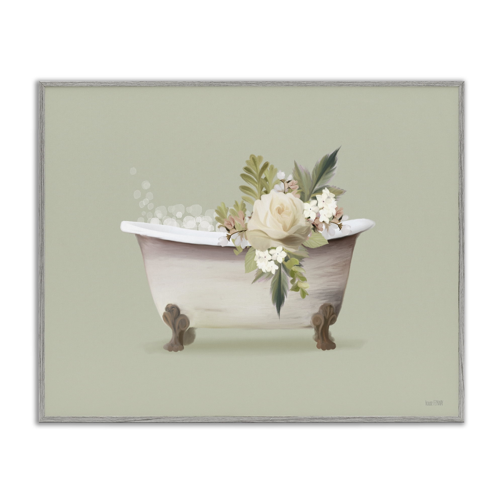 Stupell Industries Floral Rose Tub Bath & Laundry Painting Gray Framed Art Print Wall Art, 14 x 11