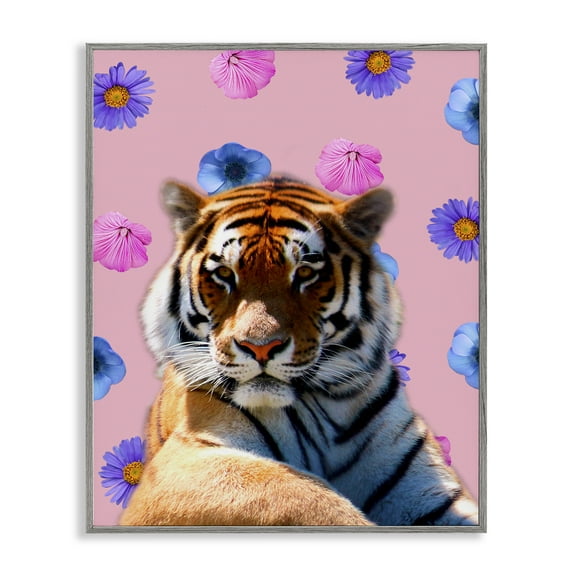 Stupell Industries Floral Safari Tiger Animals Painting Gray Framed Art Print Wall Art, 16 x 20