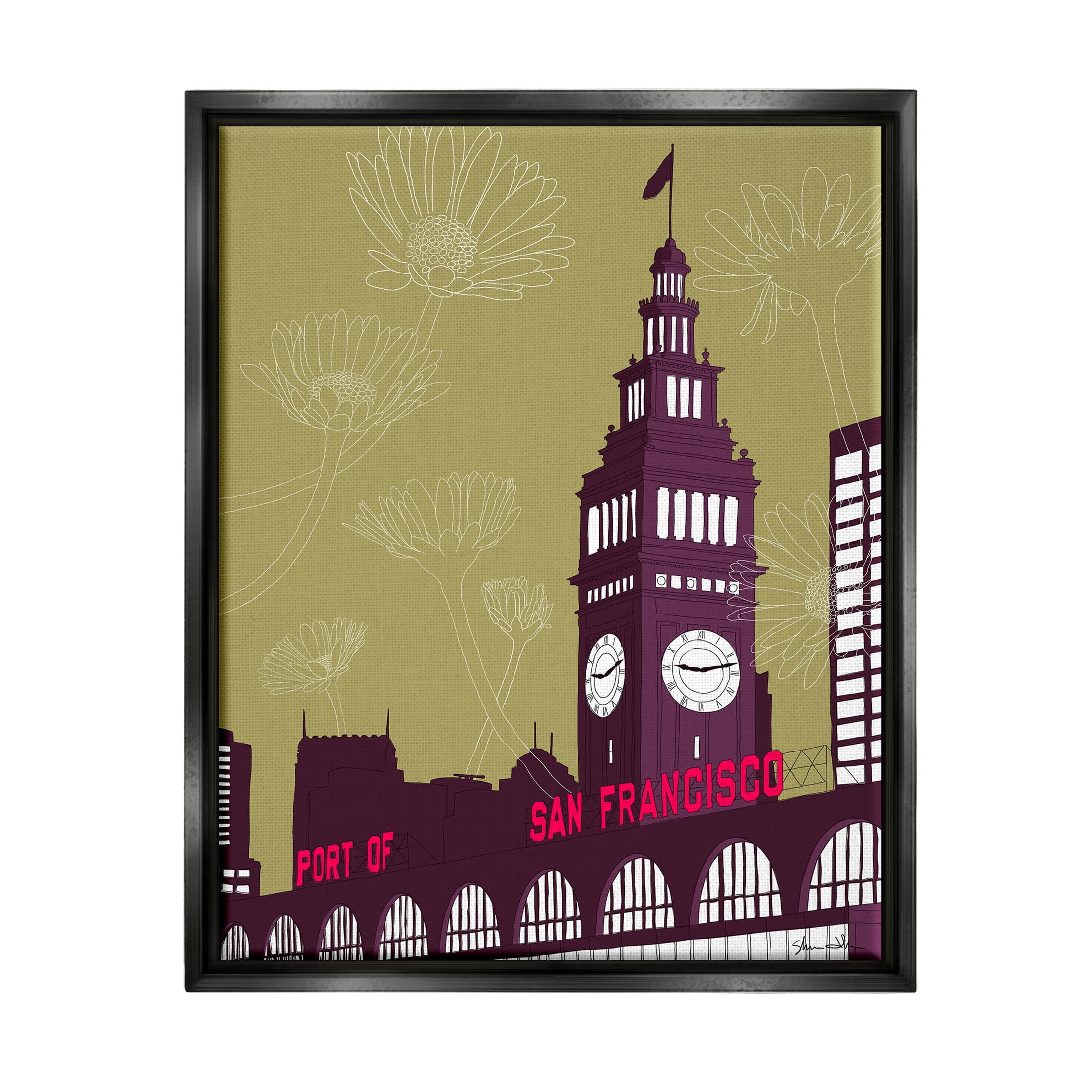Stupell Industries Floral San Francisco City Graphic Art Jet Black Floating Framed Canvas Print Wall Art, Design by Shane Donahue