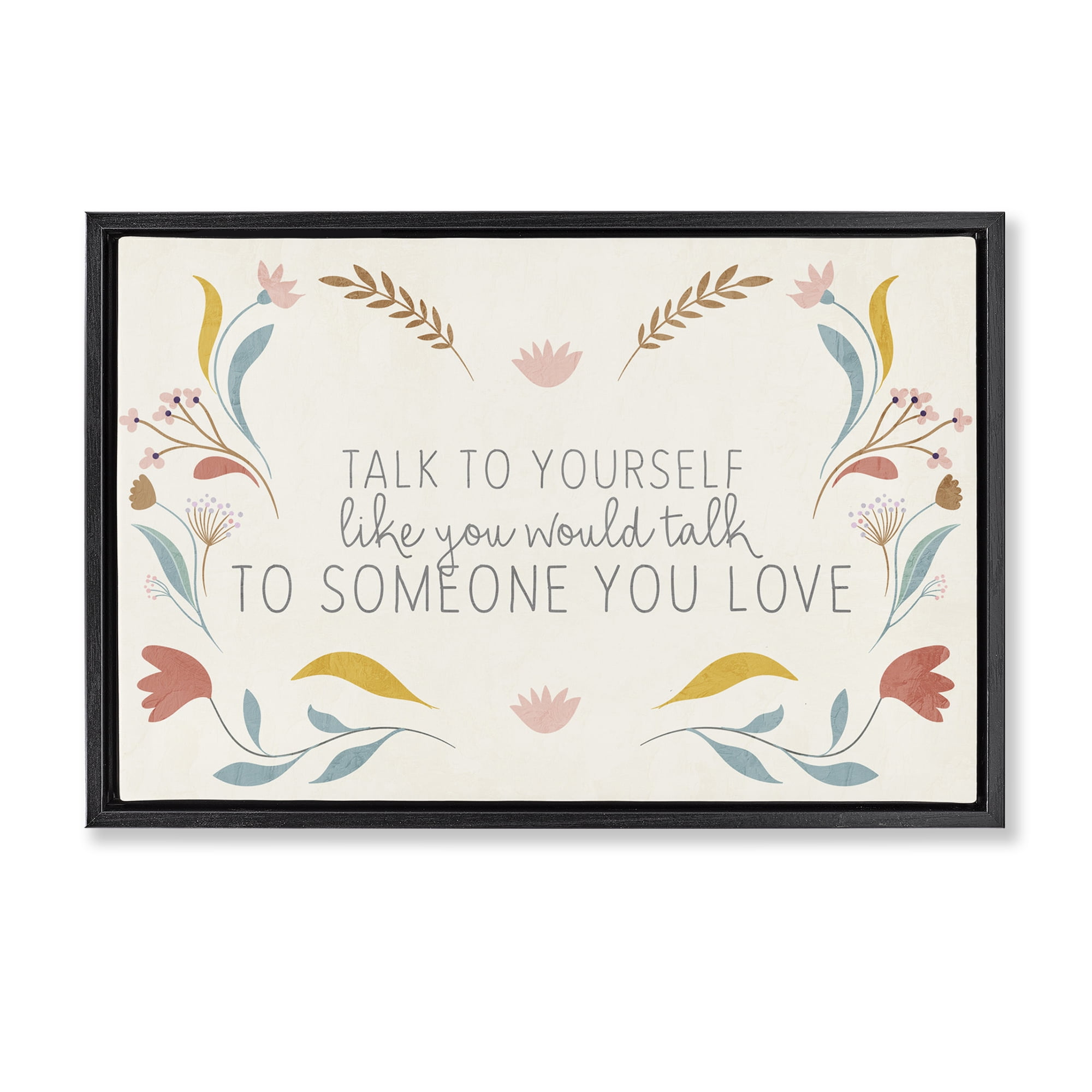 Stupell Industries Floral Self Love Inspirational Plants & Flowers Painting Black Floater Framed Canvas Art Print Wall Art, 31 x 21