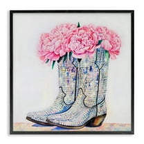 Stupell Industries Floral Shimmering Cowgirl Boot Floral Painting Black Framed Art Print Wall Art, 12 x 12