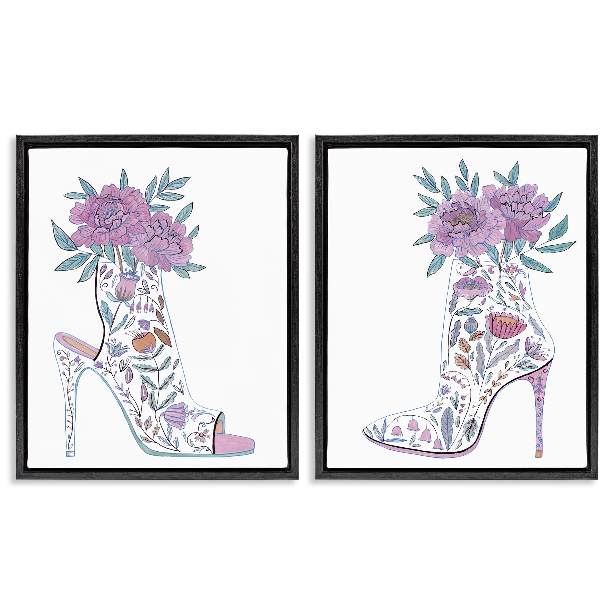 Stupell Industries Floral Stiletto Heel Boots Fashion Painting Black Floater Framed Canvas Art Print Wall Art, 31 x 25, Set of 2
