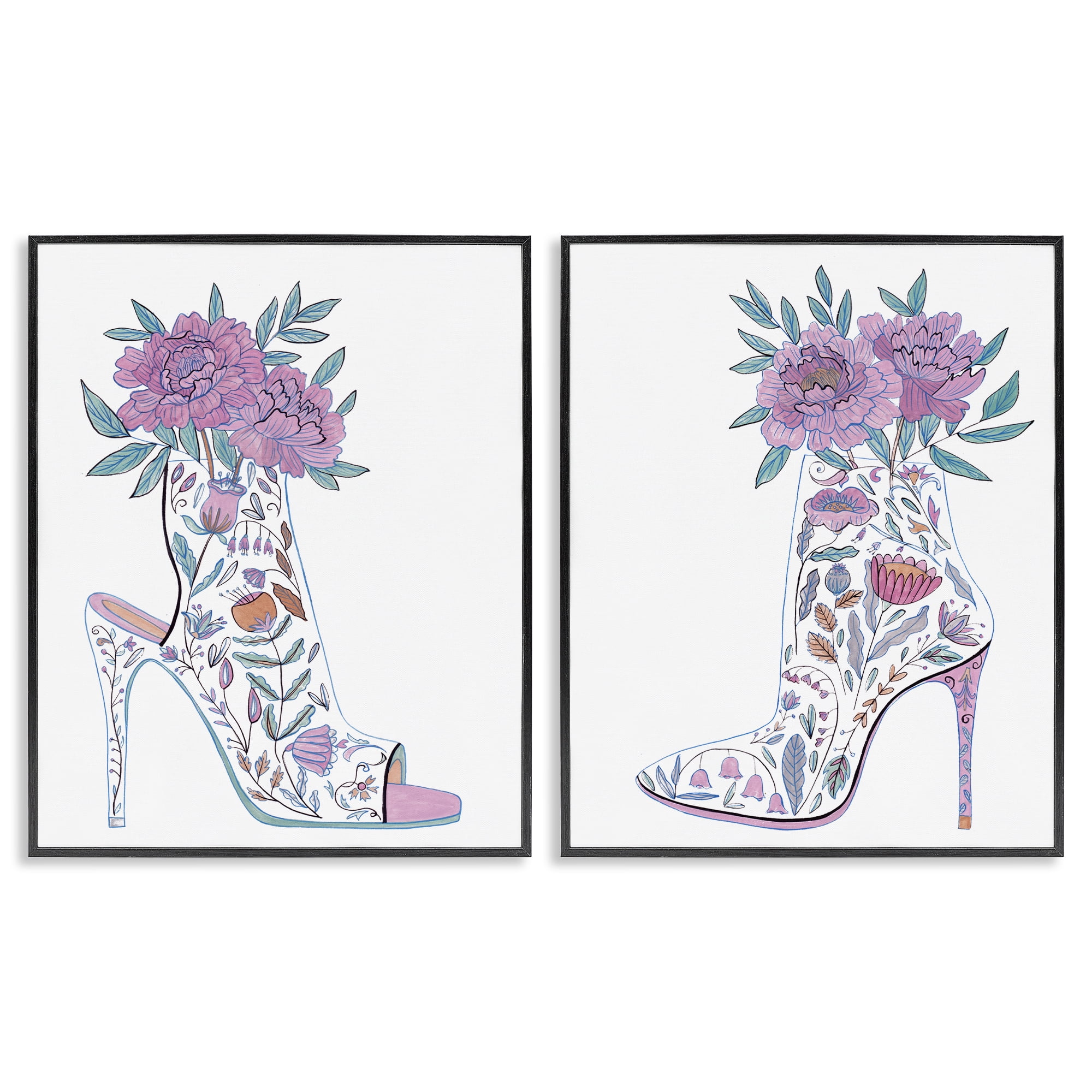 Stupell Industries Floral Stiletto Heel Boots Fashion Painting Black Framed Art Print Wall Art, 16 x 20, Set of 2