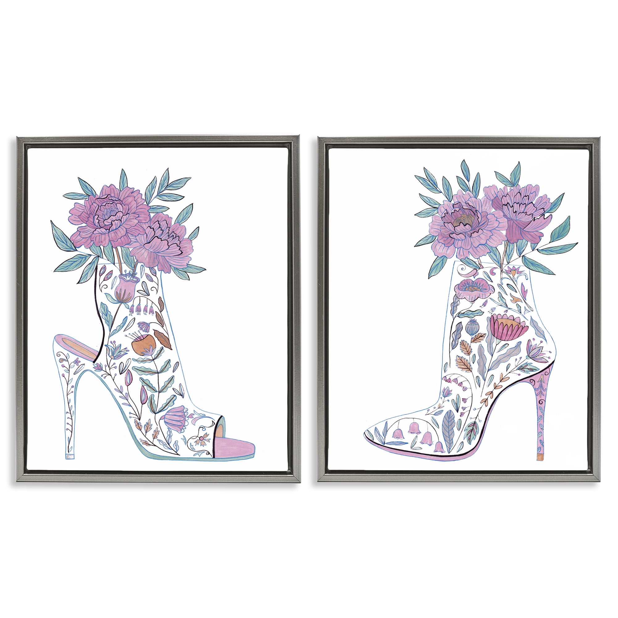 Stupell Industries Floral Stiletto Heel Boots Fashion Painting Gray Floater Framed Canvas Art Print Wall Art, 17 x 21, Set of 2