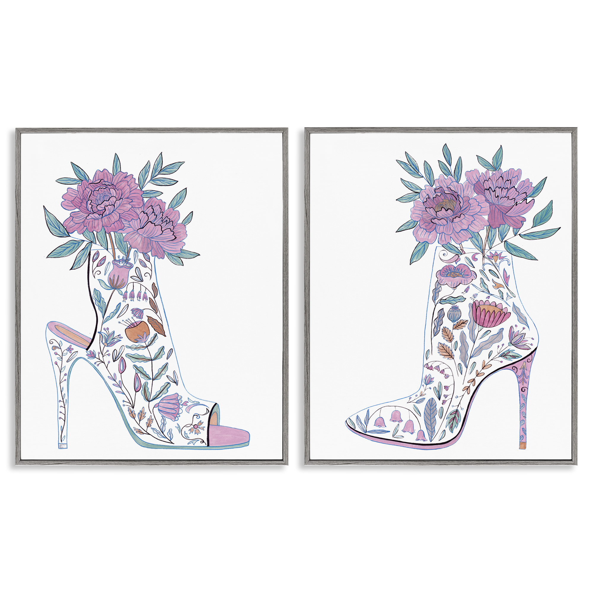 Stupell Industries Floral Stiletto Heel Boots Fashion Painting Gray Framed Art Print Wall Art, 11 x 14, Set of 2