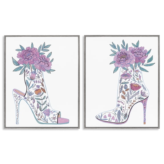 Stupell Industries Floral Stiletto Heel Boots Fashion Painting Gray Framed Art Print Wall Art, 11 x 14, Set of 2
