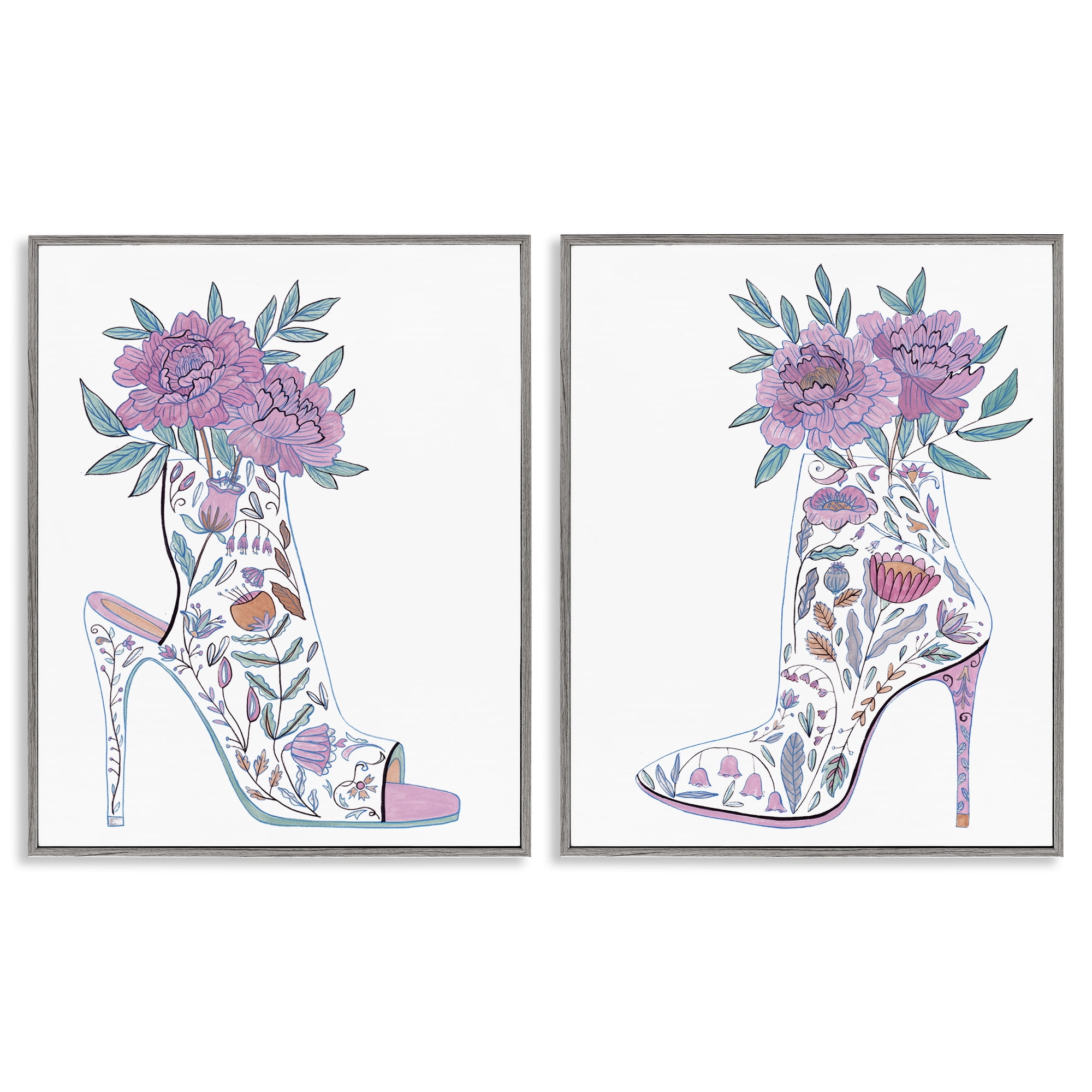 Stupell Industries Floral Stiletto Heel Boots Fashion Painting Gray Framed Art Print Wall Art, 24 x 30, Set of 2