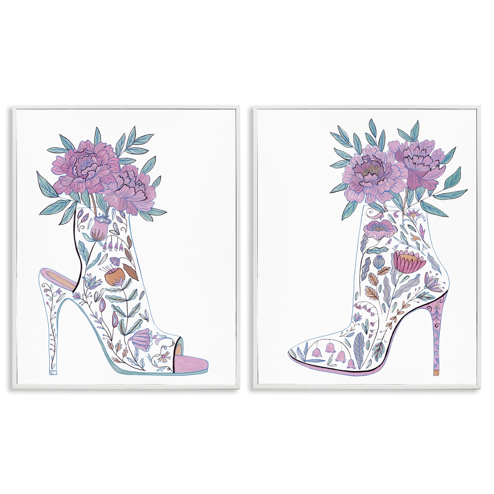 Stupell Industries Floral Stiletto Heel Boots Fashion Painting White Framed Art Print Wall Art, 16 x 20, Set of 2