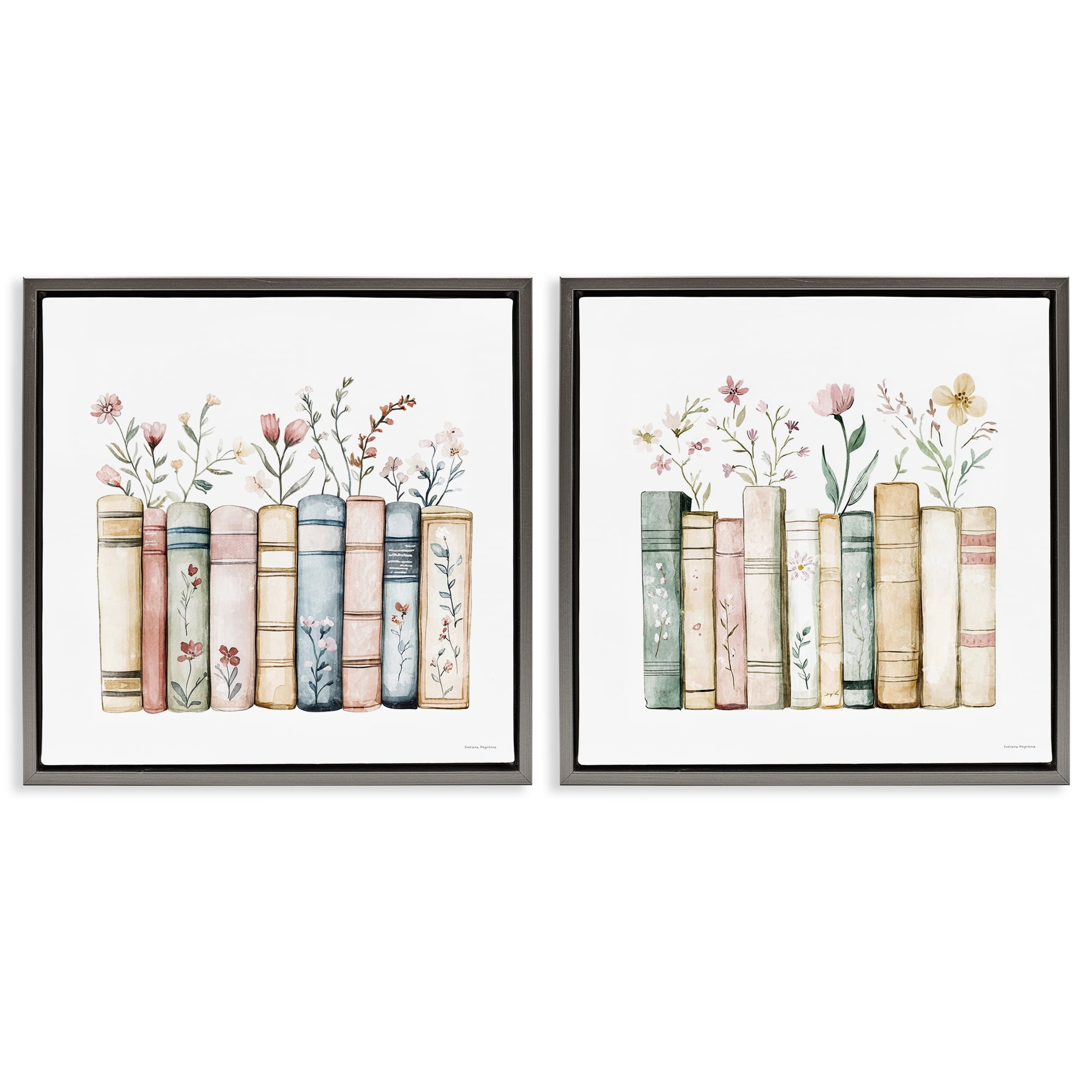 Stupell Industries Floral Stories & Blossoms 2 Piece Gray Framed Floater Canvas Set, design by Svetlana Aleynikova