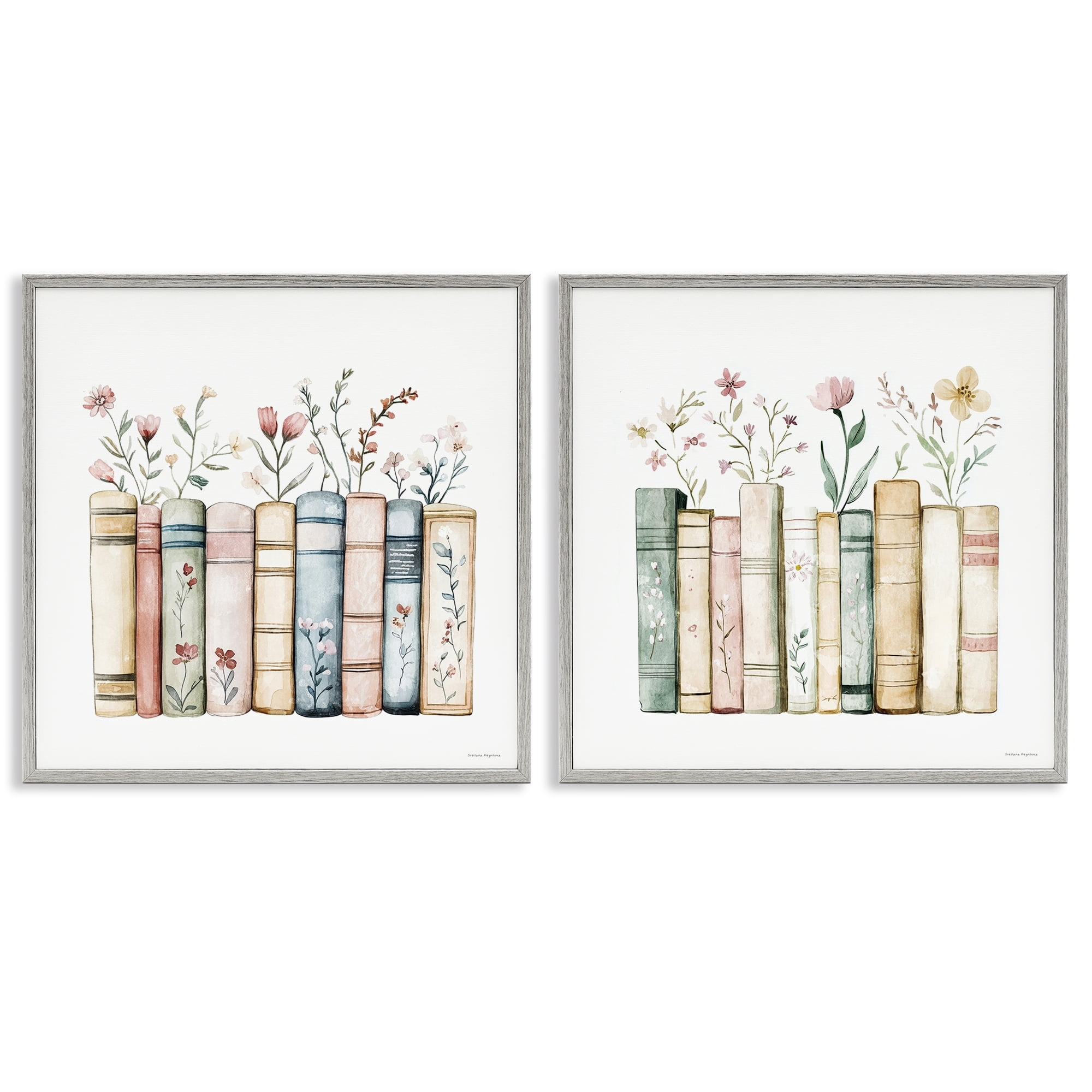 Stupell Industries Floral Stories & Blossoms 2 Piece Gray Framed Giclee Art Set, design by Svetlana Aleynikova