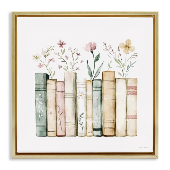 Stupell Industries Farmhouse Floral Stories Library Gold Floating Frame Canvas Art, 18 x 18, by Svetlana Aleynikova