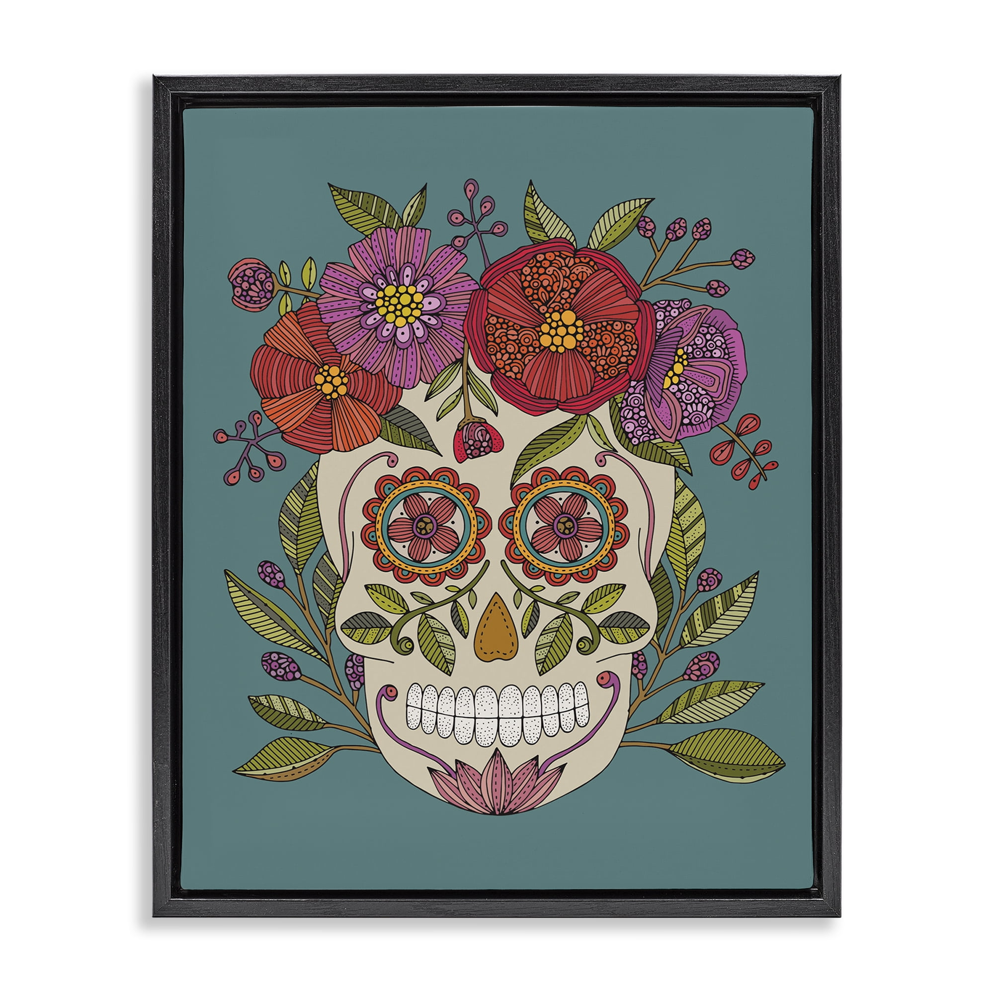 Stupell Industries Floral Sugar Skull Holiday Painting Black Floater Framed Art Print Wall Art, 25 x 31