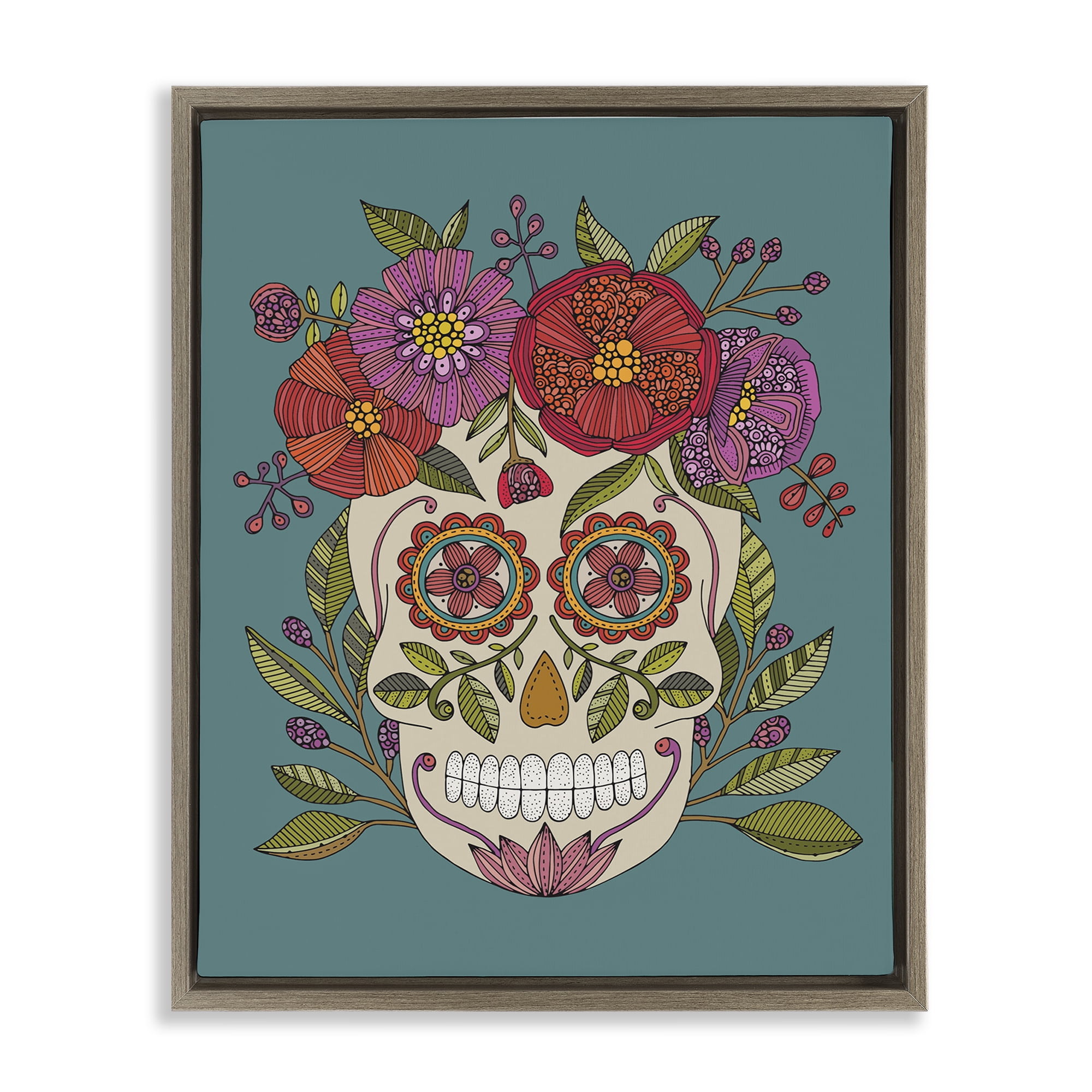 Stupell Industries Floral Sugar Skull Holiday Painting Brown Floater Framed Art Print Wall Art, 17 x 21