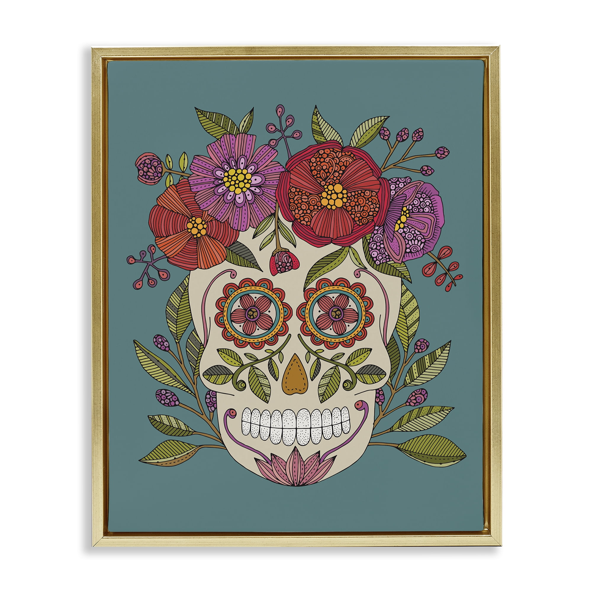 Floral Sugar Skull Canvas Print with Gold Frame, 17 x 21