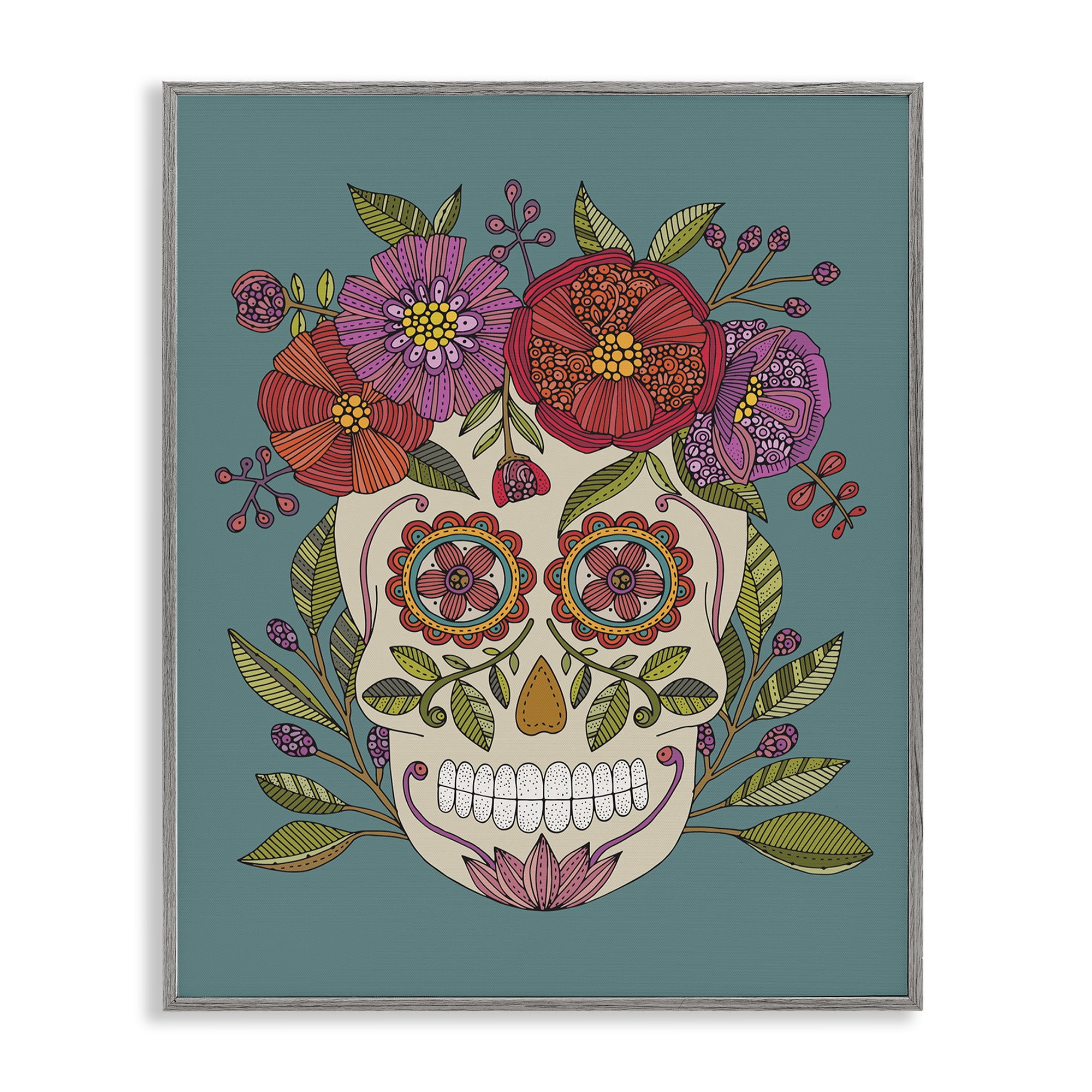 Stupell Industries Floral Sugar Skull Holiday Painting Gray Framed Art Print Wall Art, 16 x 20