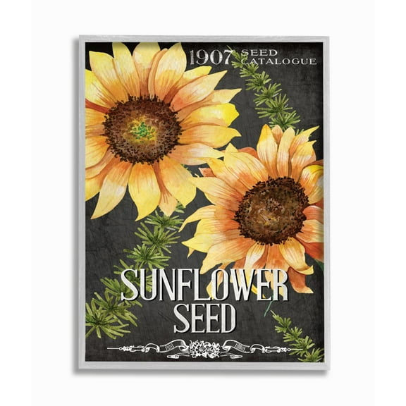 Stupell Industries Floral Sunflower Seed Vintage Catalog Design Framed Wall Art Design by Kim Allen, 16" x 20", Gray Framed