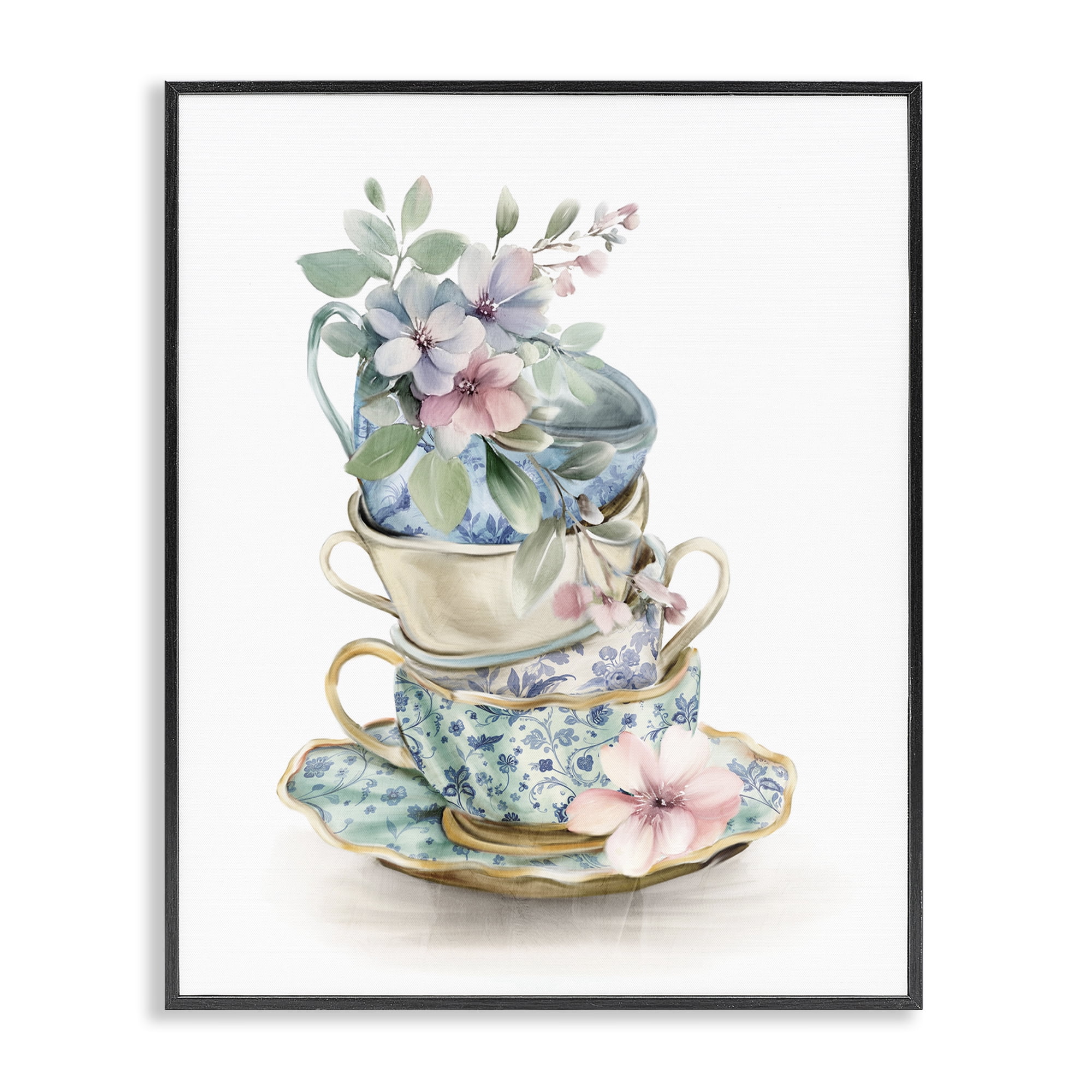 Stupell Industries Floral Teacup Chinoiserie Black Framed Giclee Art, design by Kim Allen
