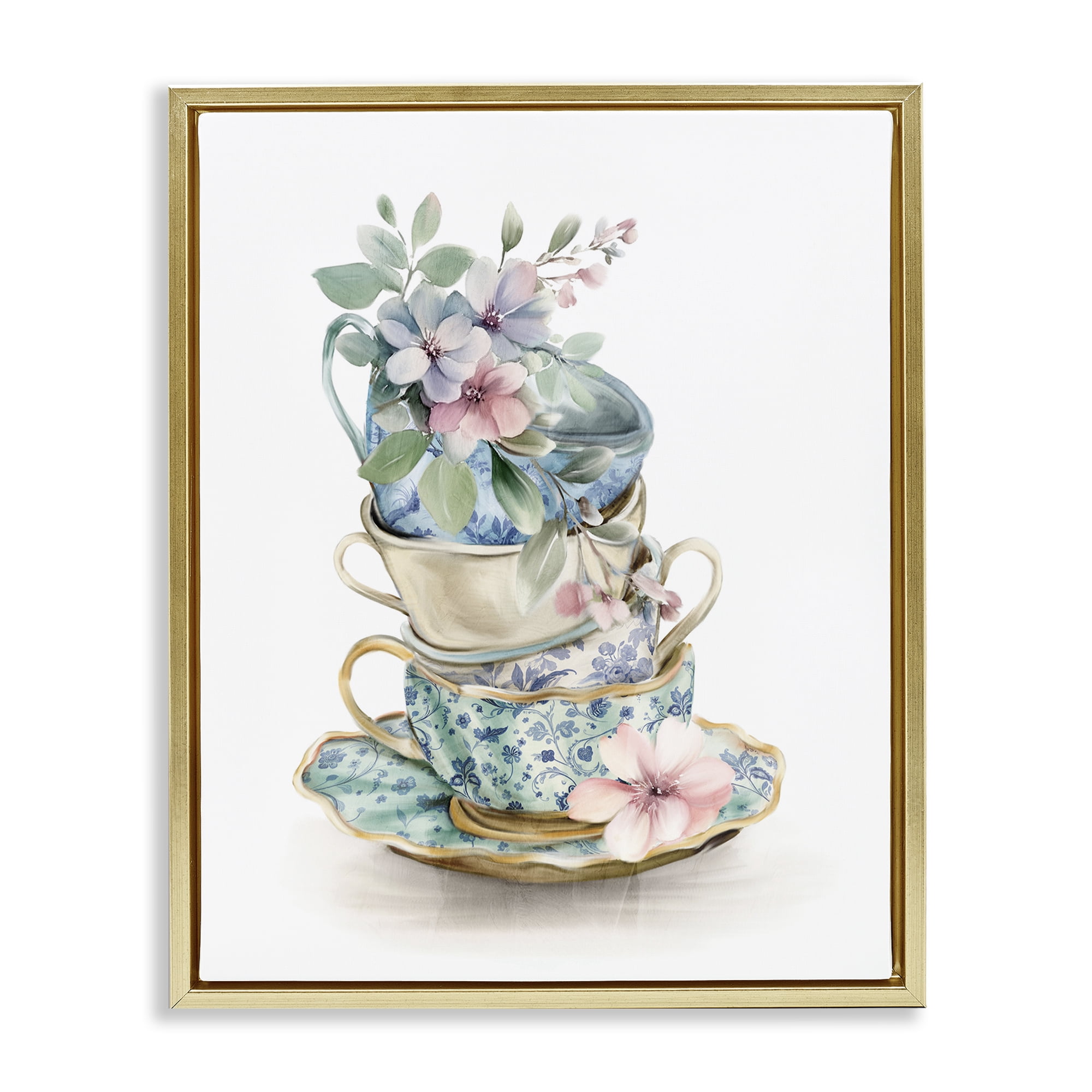 Stupell Industries Floral Teacup Chinoiserie Gold Framed Floater Canvas Wall Art, design by Kim Allen