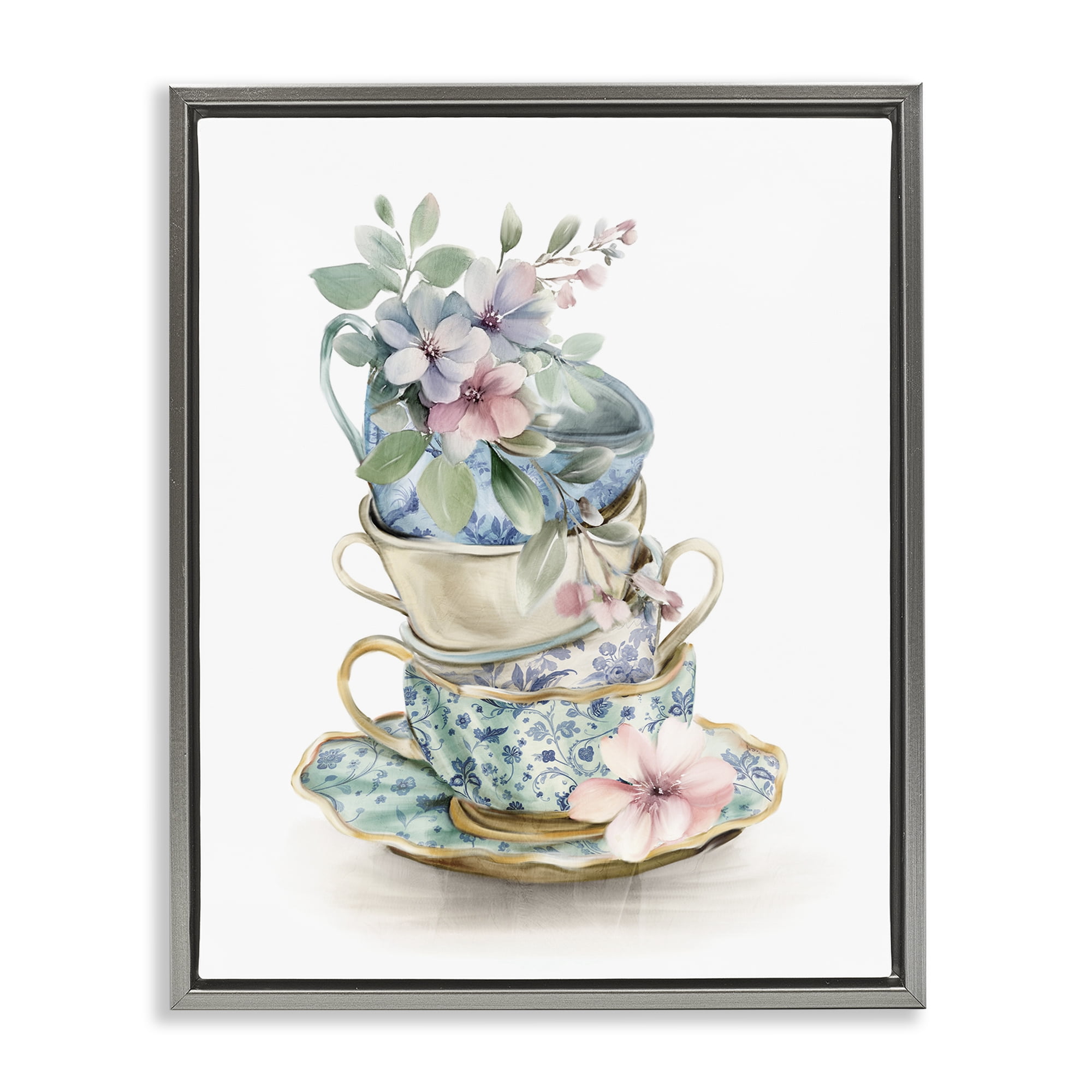 Stupell Industries Floral Teacup Chinoiserie Gray Framed Floater Canvas Wall Art, design by Kim Allen