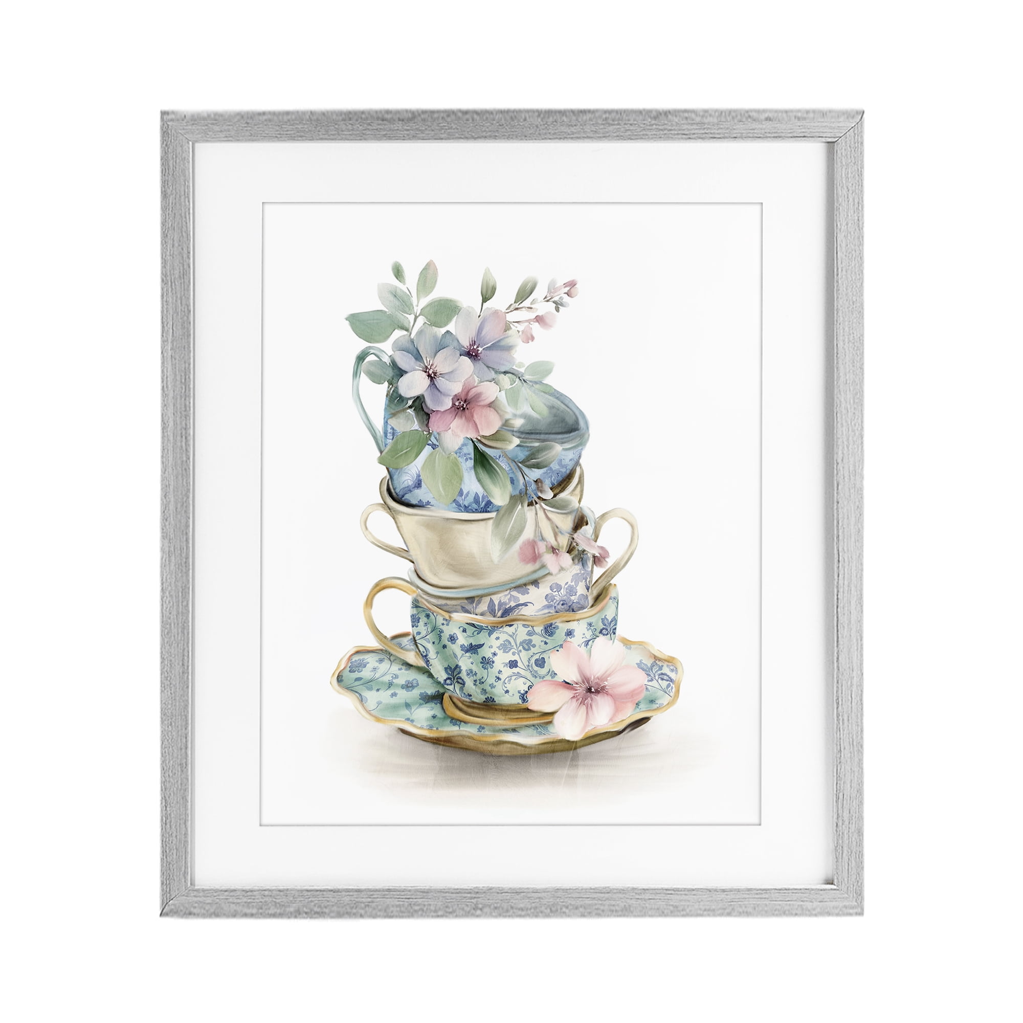 Stupell Industries Floral Teacup Chinoiserie Gray Framed Print Under Glass, design by Kim Allen