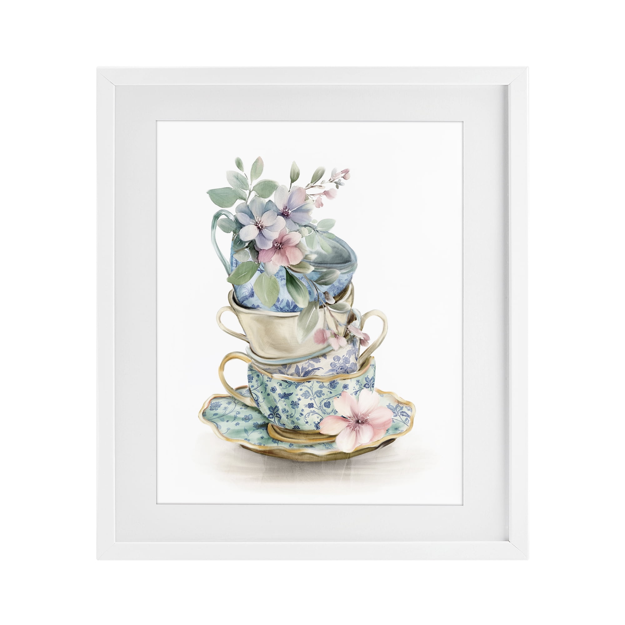 Stupell Industries Floral Teacup Chinoiserie White Framed Print Under Glass, design by Kim Allen
