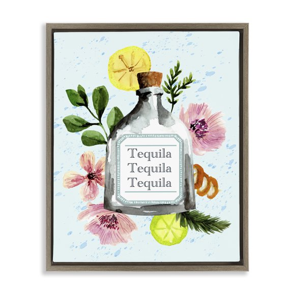 Stupell Industries Floral Tequila Bottle Food & Beverage Painting Brown Floater Framed Canvas Art Print Wall Art, 17 x 21