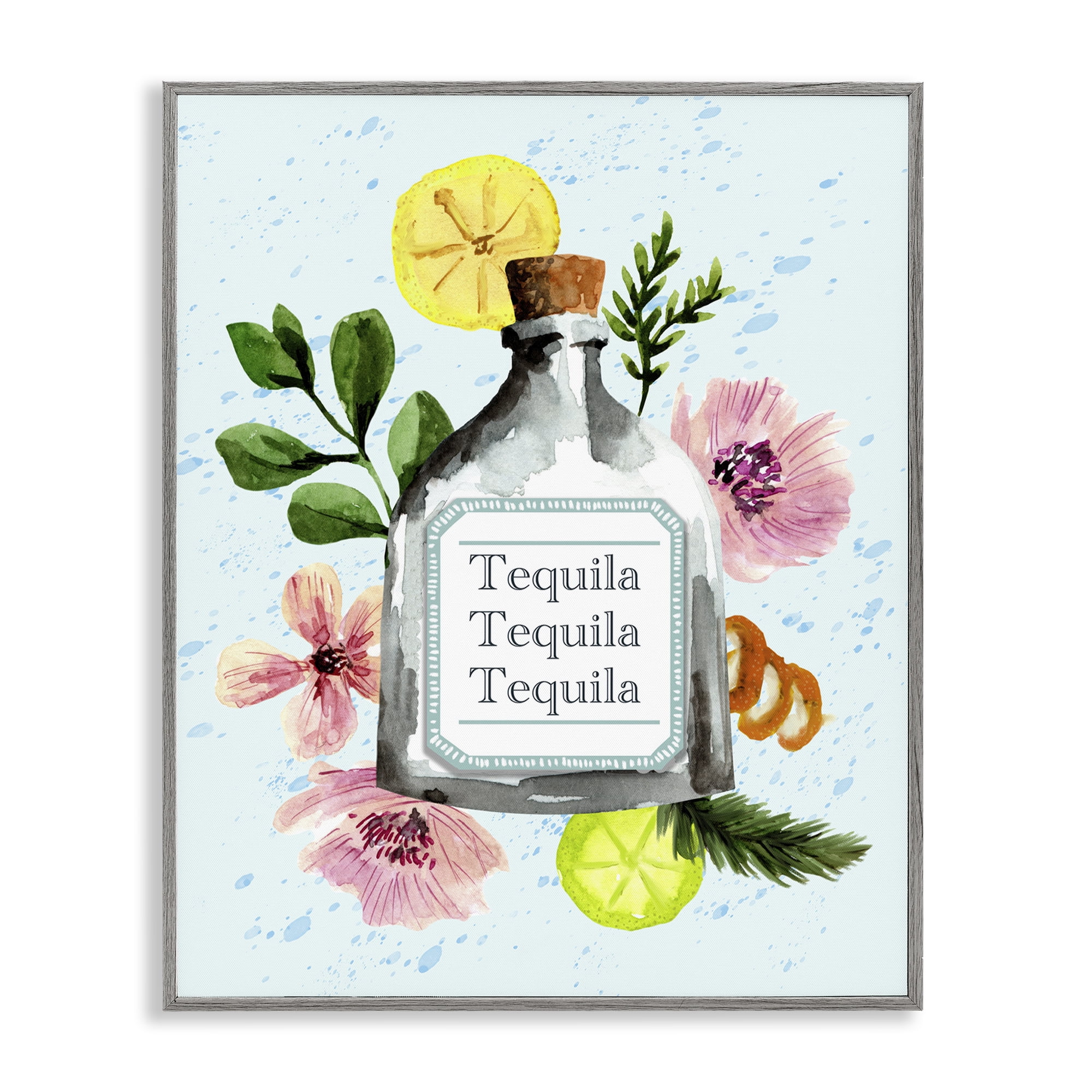 Stupell Industries Floral Tequila Bottle Food & Beverage Painting Gray Framed Art Print Wall Art, 24 x 30