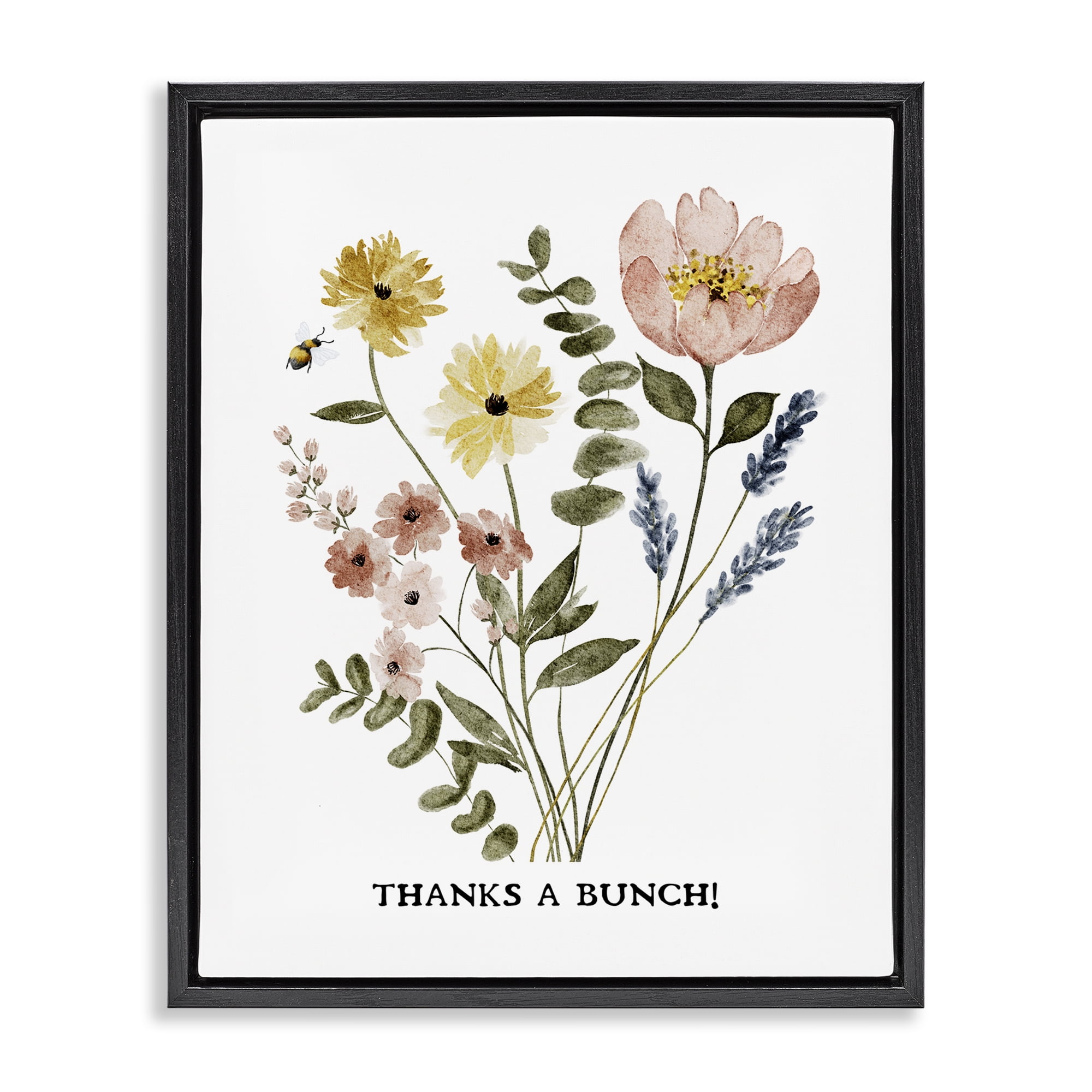 Stupell Industries Floral Thanks A Bunch Plants & Flowers Painting Black Floater Framed Canvas Art Print Wall Art, 17 x 21