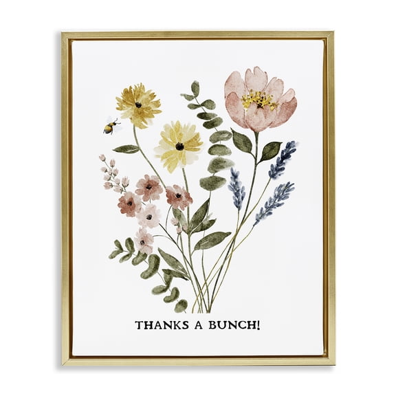 Stupell Industries Floral Thanks A Bunch Plants & Flowers Painting Gold Floater Framed Canvas Art Print Wall Art, 17 x 21