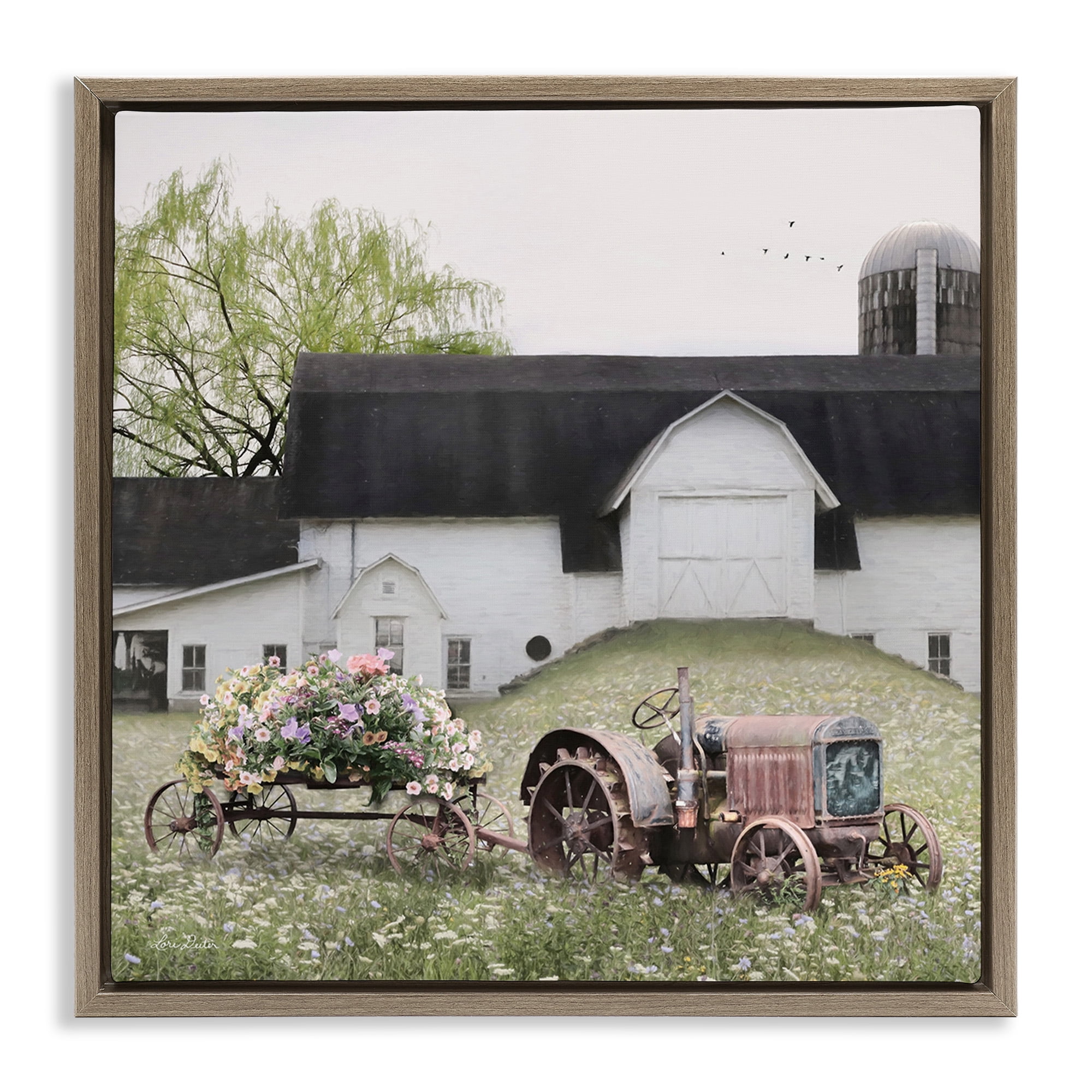 Stupell Industries Floral Tractor in Farmhouse Field Landscape Photography Brown Floater Framed Canvas Art Print Wall Art, 18 x 18
