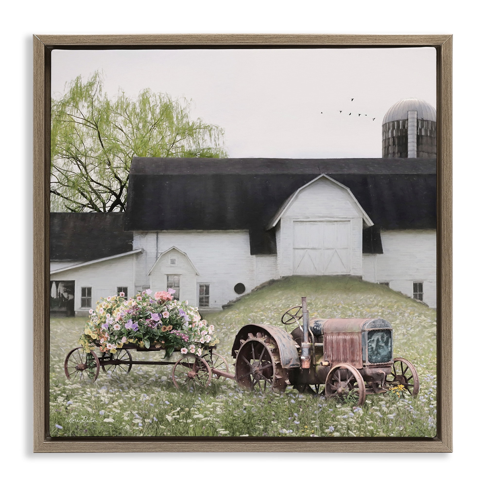 Stupell Industries Floral Tractor in Farmhouse Field Landscape Photography Brown Floater Framed Canvas Art Print Wall Art, 25 x 25
